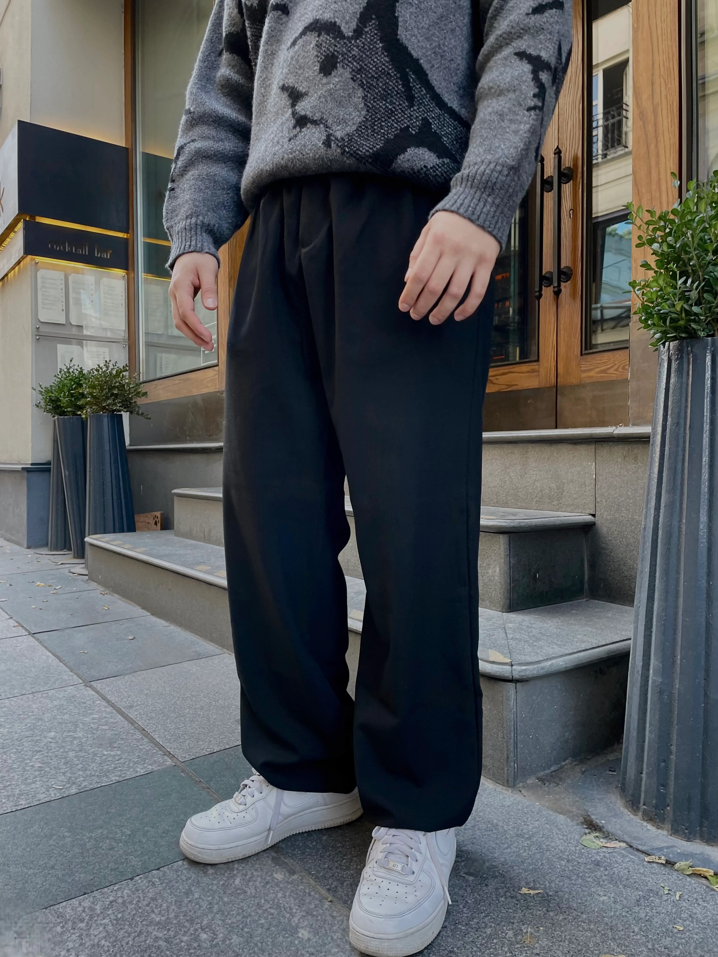 Relaxed Fit Pileli Kumaş Pantolon - Siyah