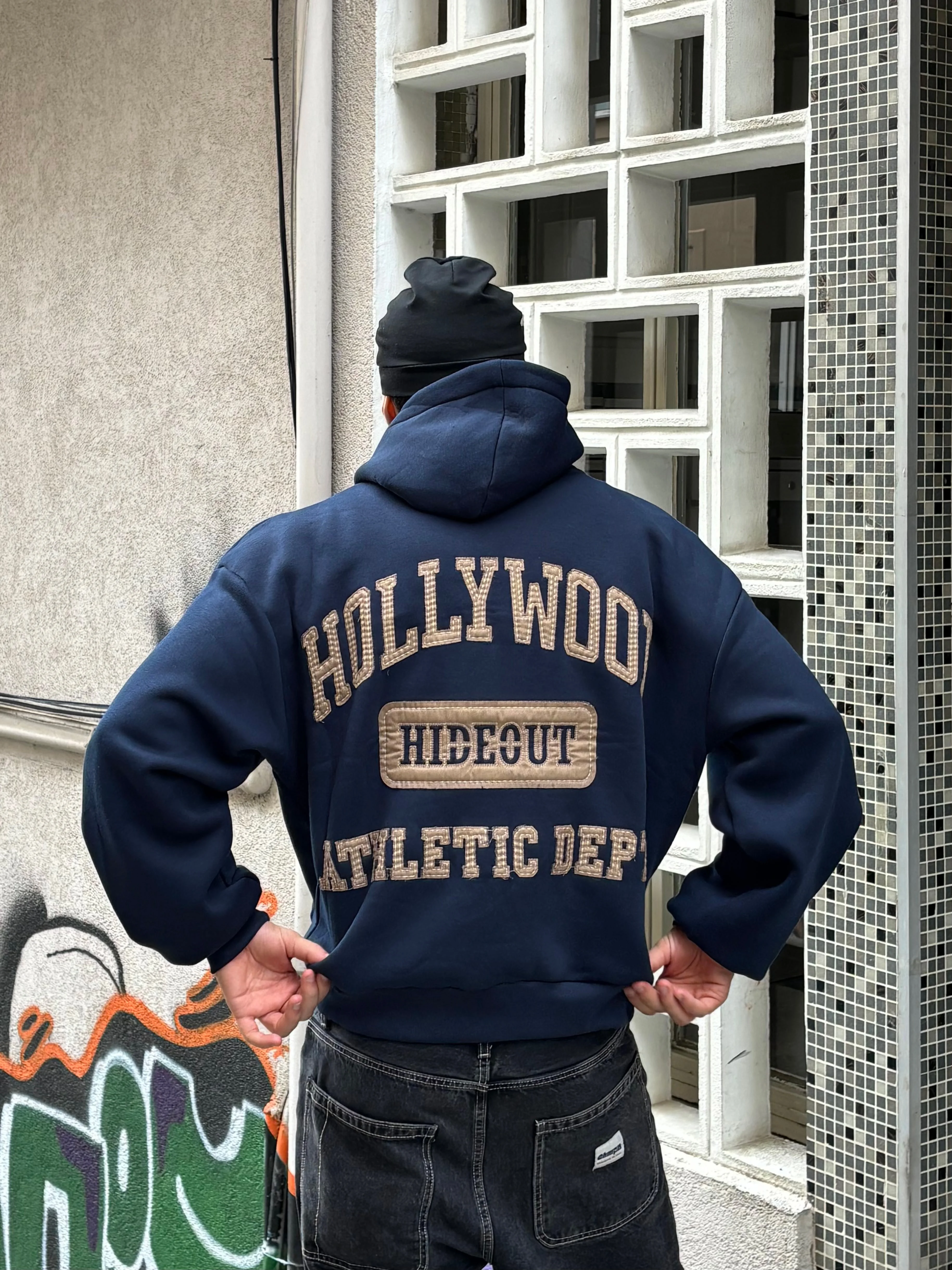 Oversized Hollywood Patch Hoodie - Lacivert