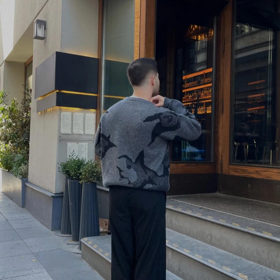 Oversized Desenli Triko Kazak - Antrasit