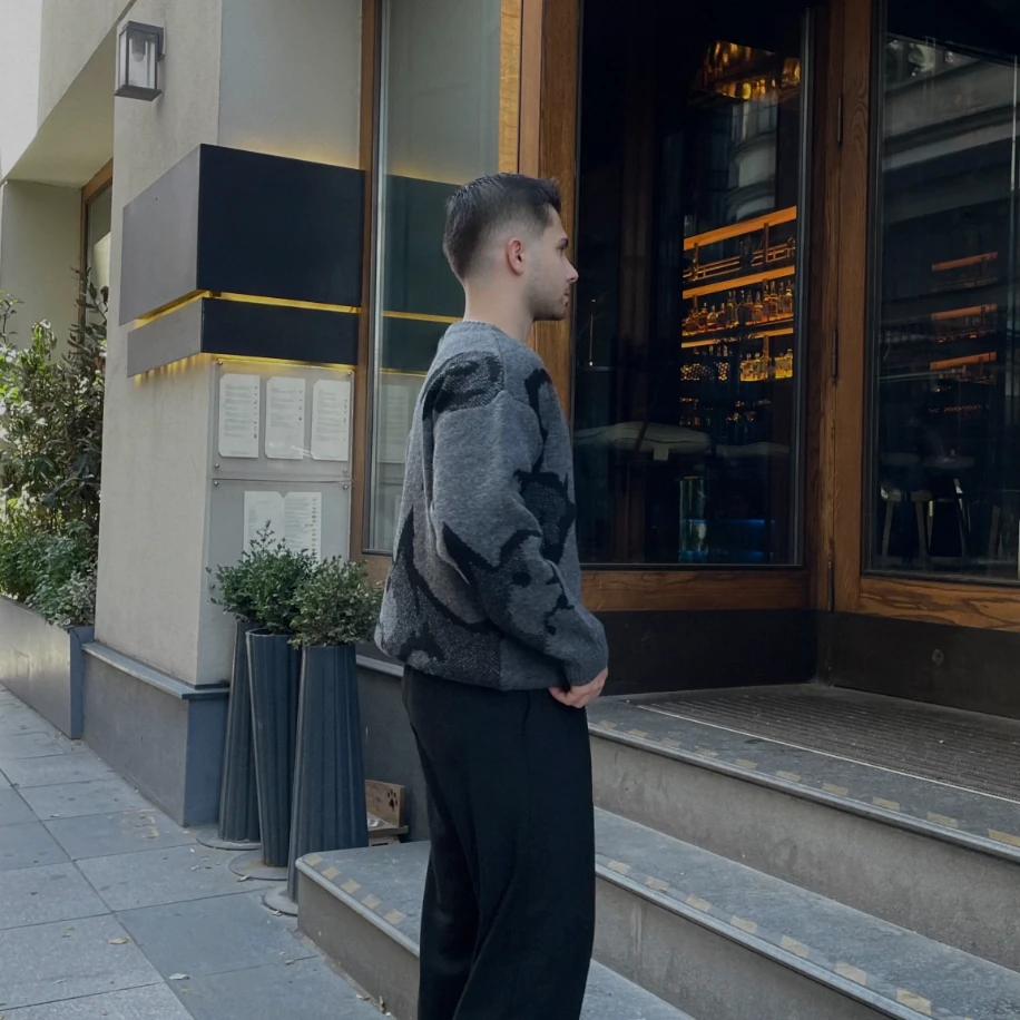 Oversized Desenli Triko Kazak - Antrasit