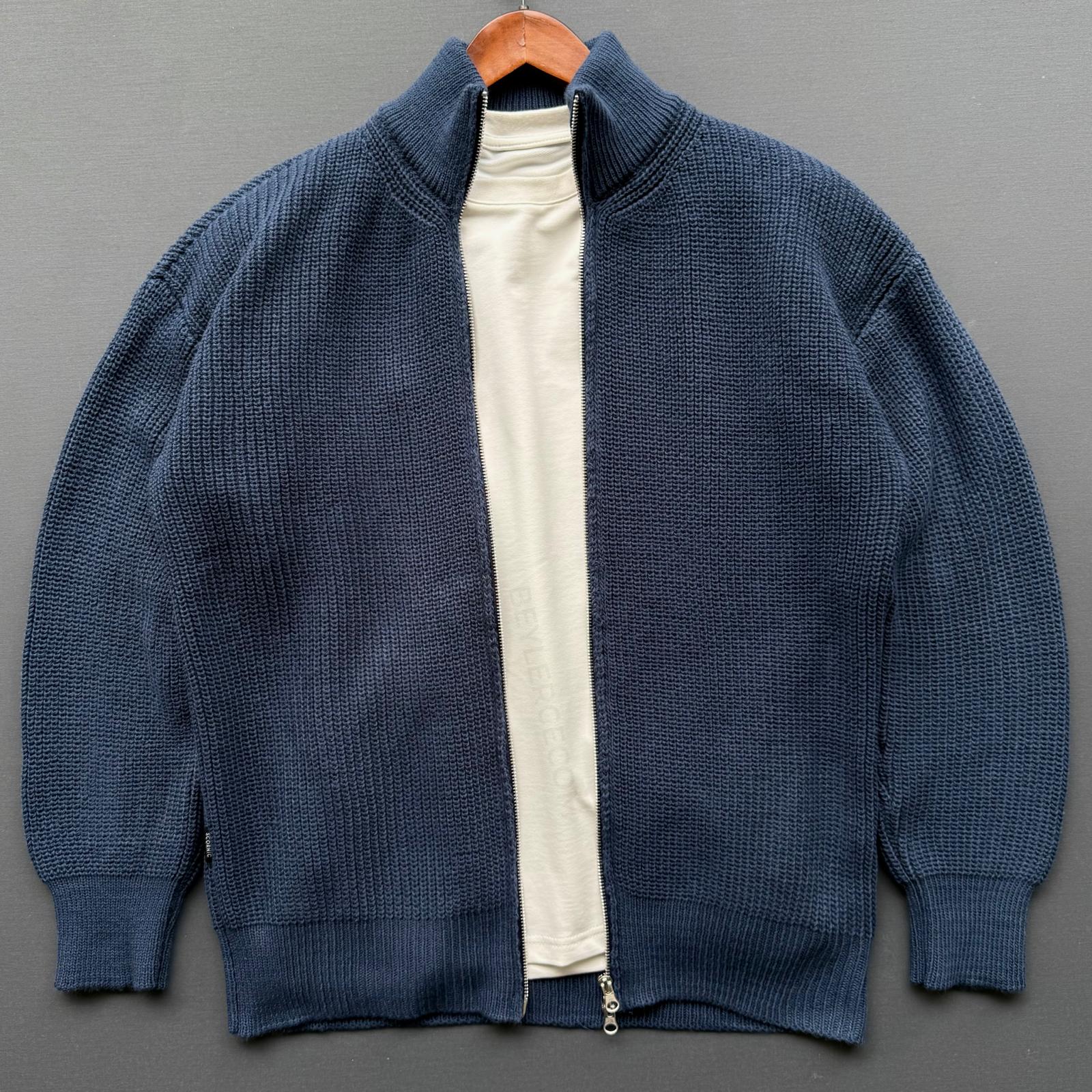 Fermuarlı Selanik Triko Ceket - Petrol Mavi