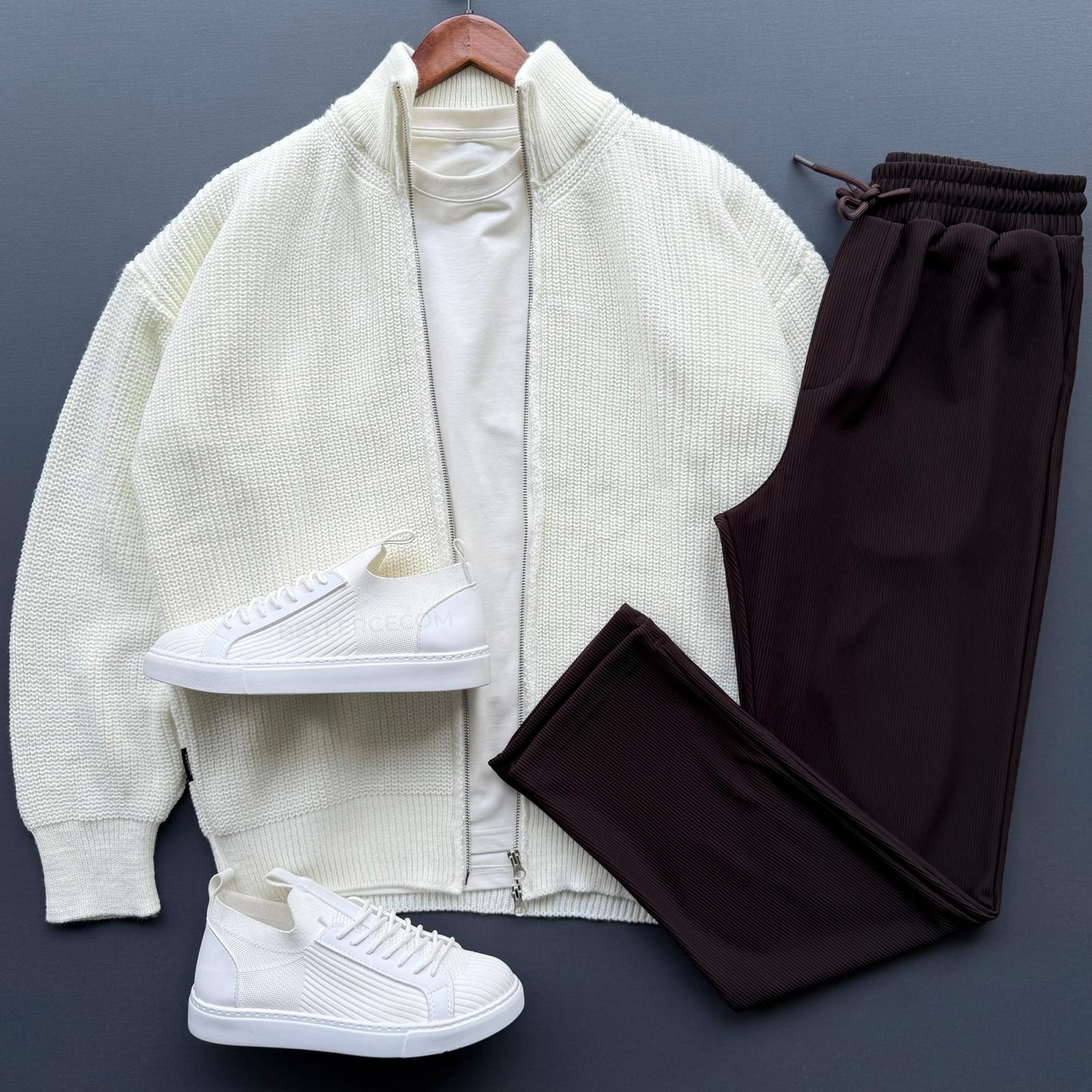 Fermuarlı Selanik Triko Ceket + Baggy Fitilli Pantolon Kombin