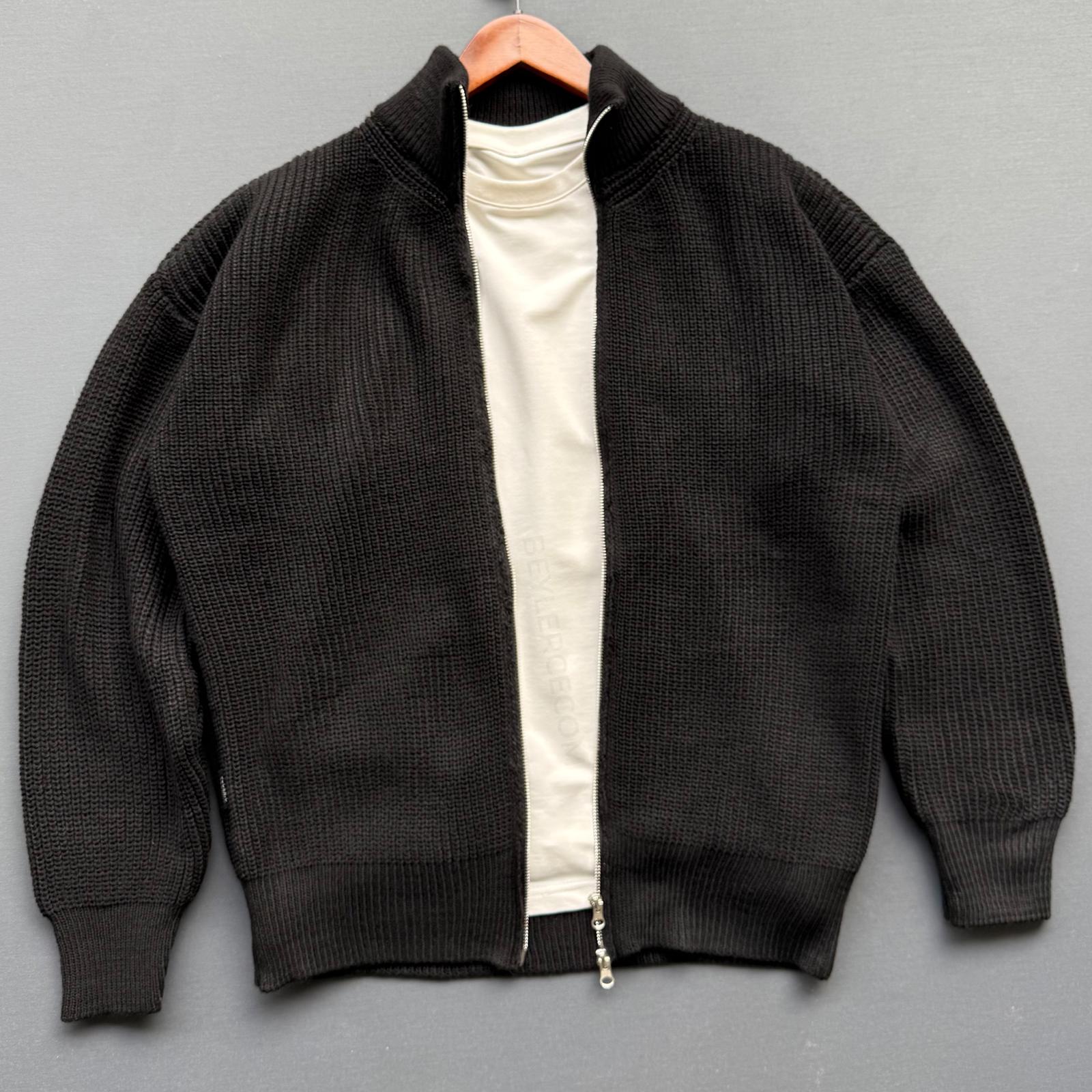 Fermuarlı Selanik Triko Ceket - Siyah