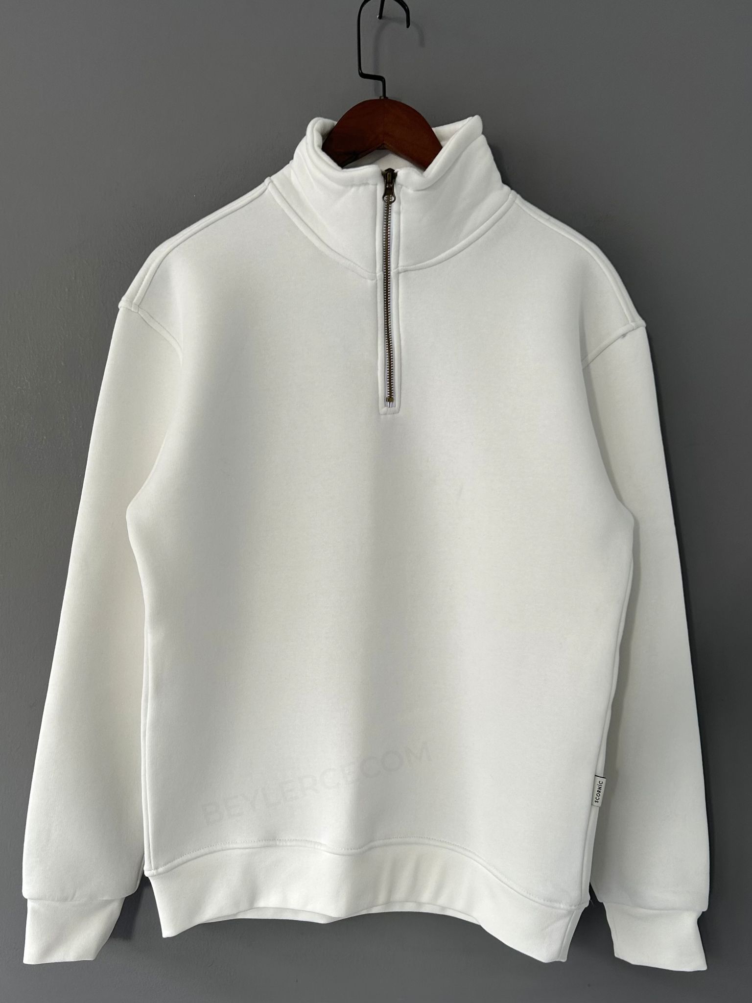 Fermuar Yakalı Üç İplik Sweatshirt - Beyaz