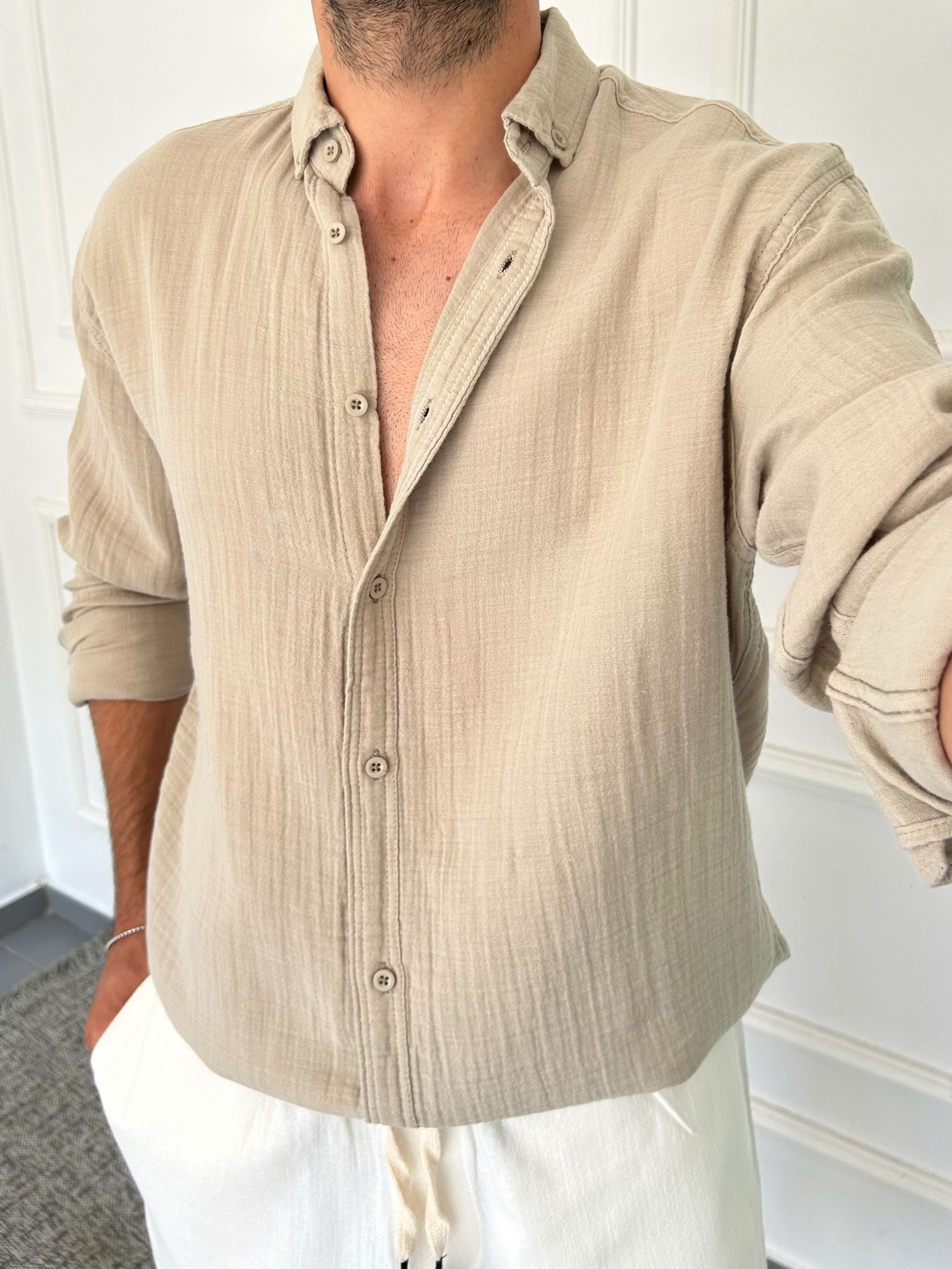 Yıkamalı Müslin Kumaş Oversize Gömlek - Krem
