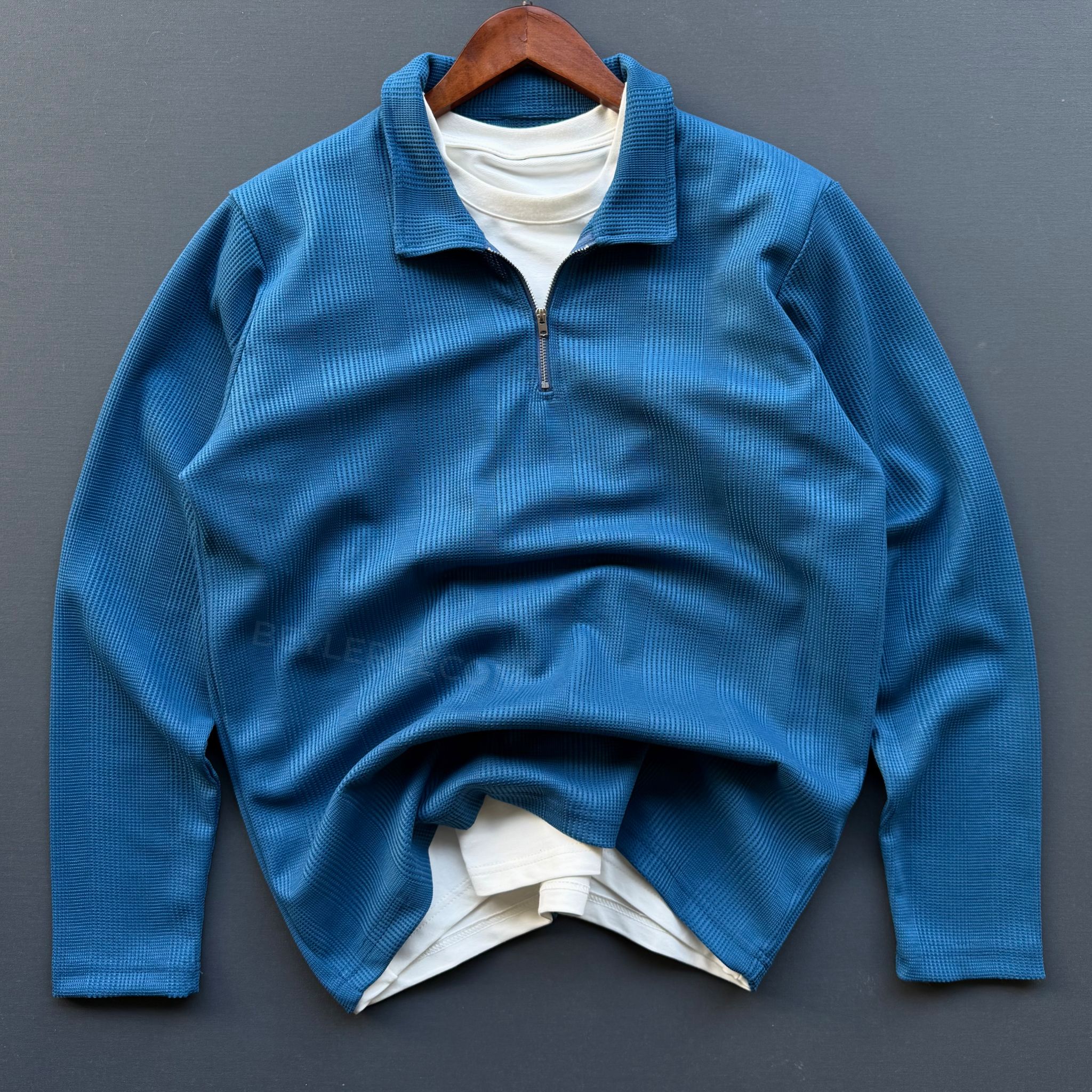 Fermuar Yakalı Petek Triko - Mavi