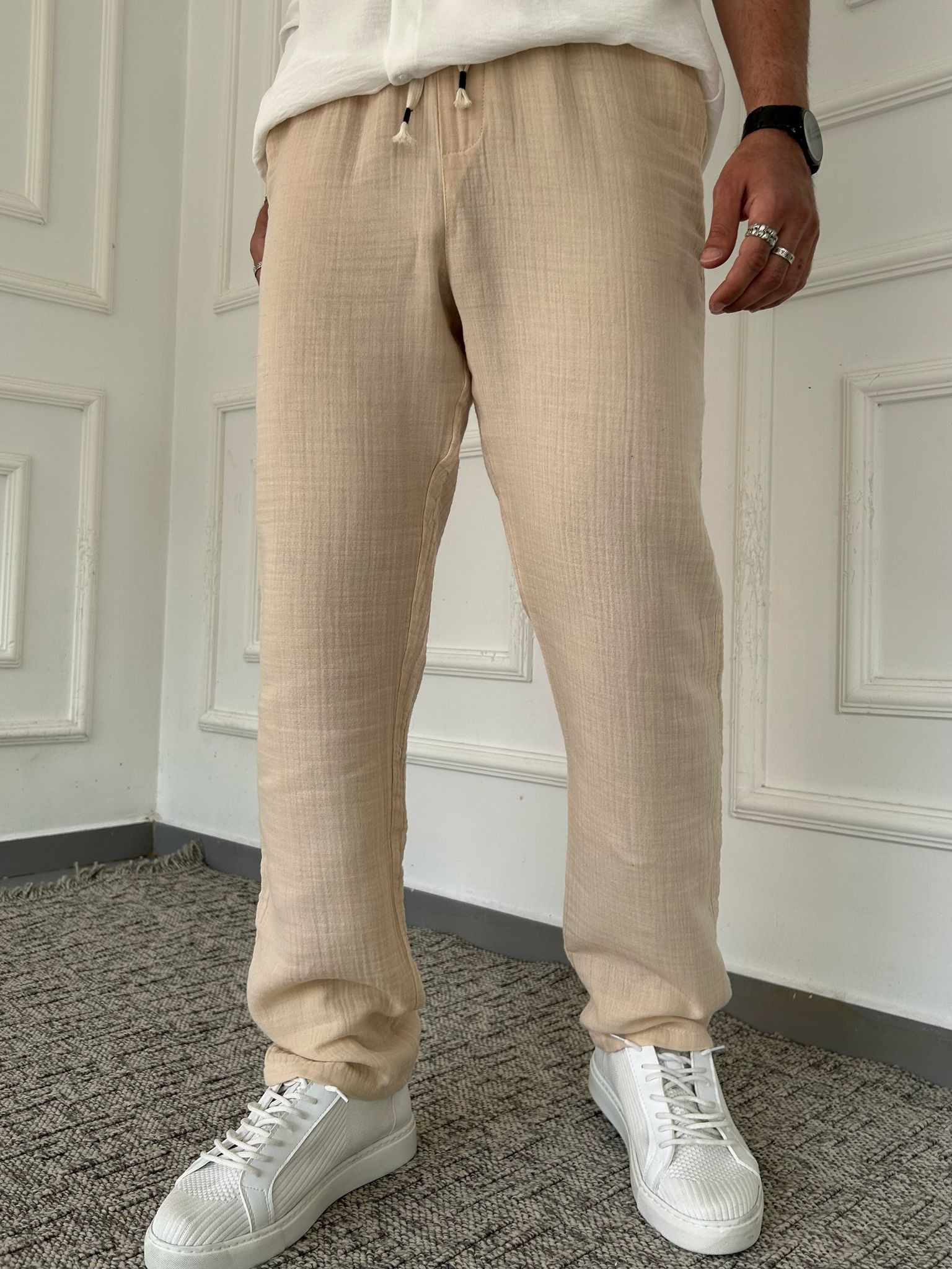 Yıkamalı Müslin Keten Baggy Pantolon - Krem