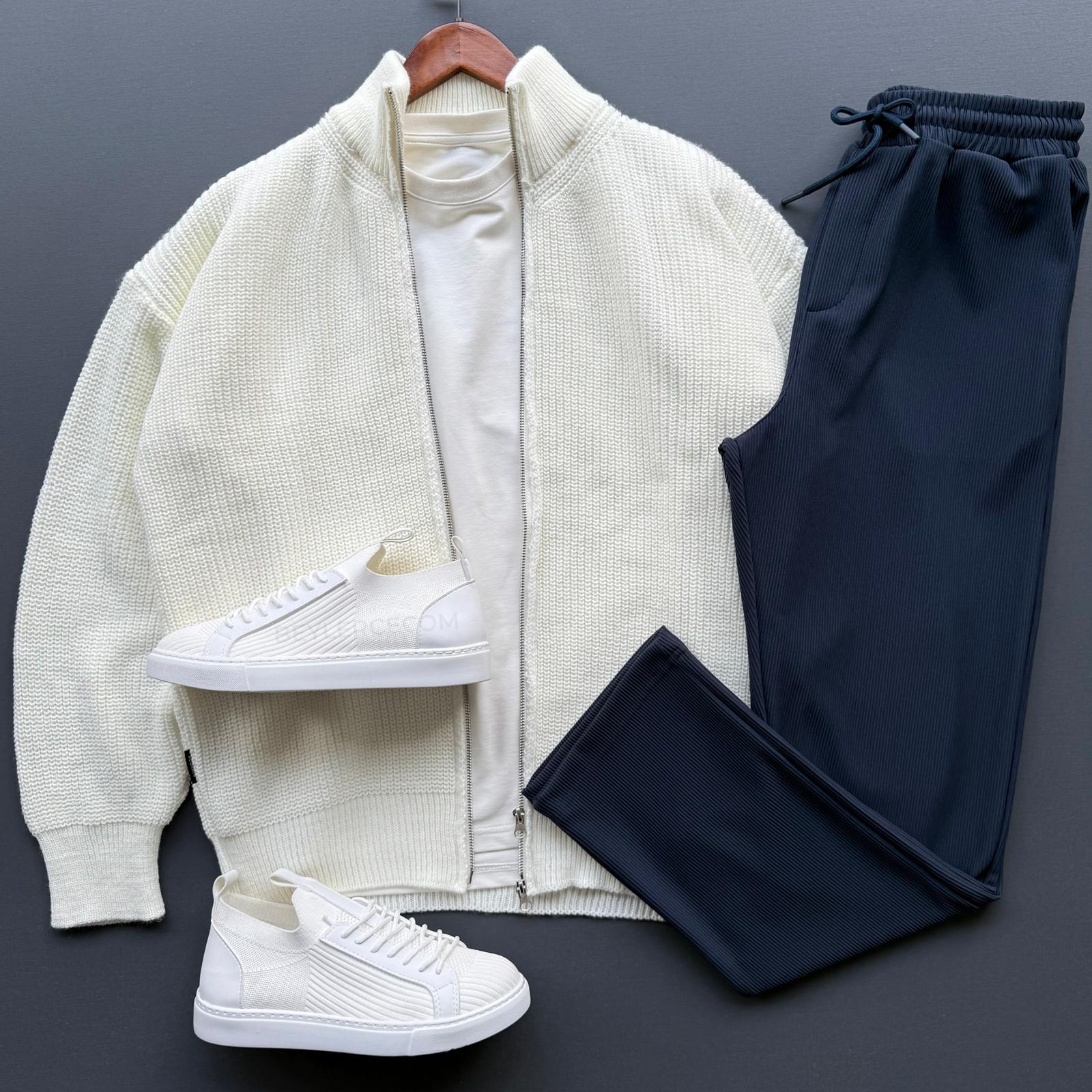 Fermuarlı Selanik Triko Ceket + Baggy Fitilli Pantolon Kombin