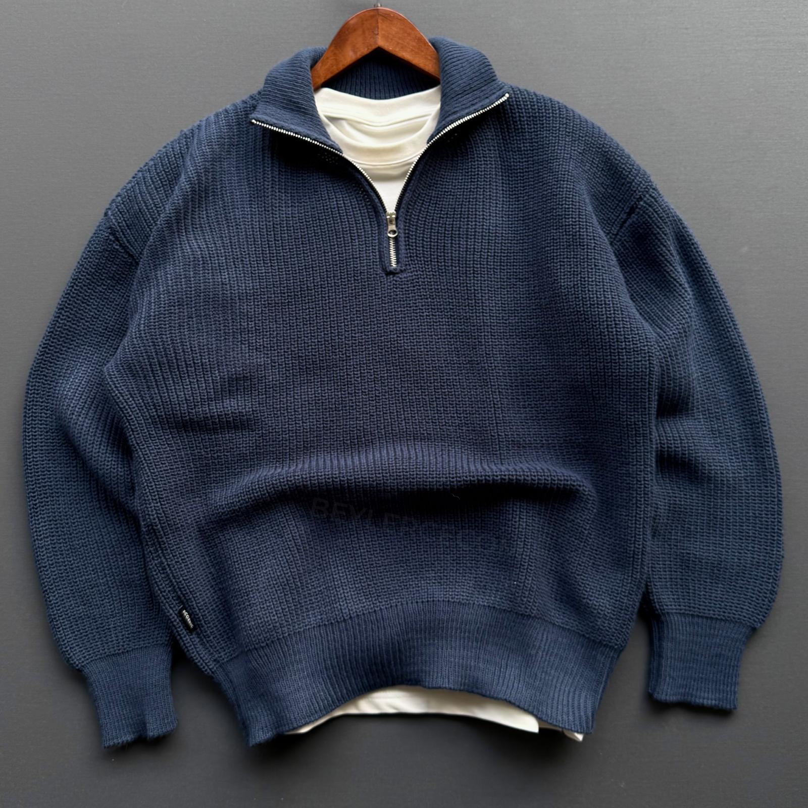 Fermuar Yakalı Oversize Selanik Triko Kazak - Petrol Mavi