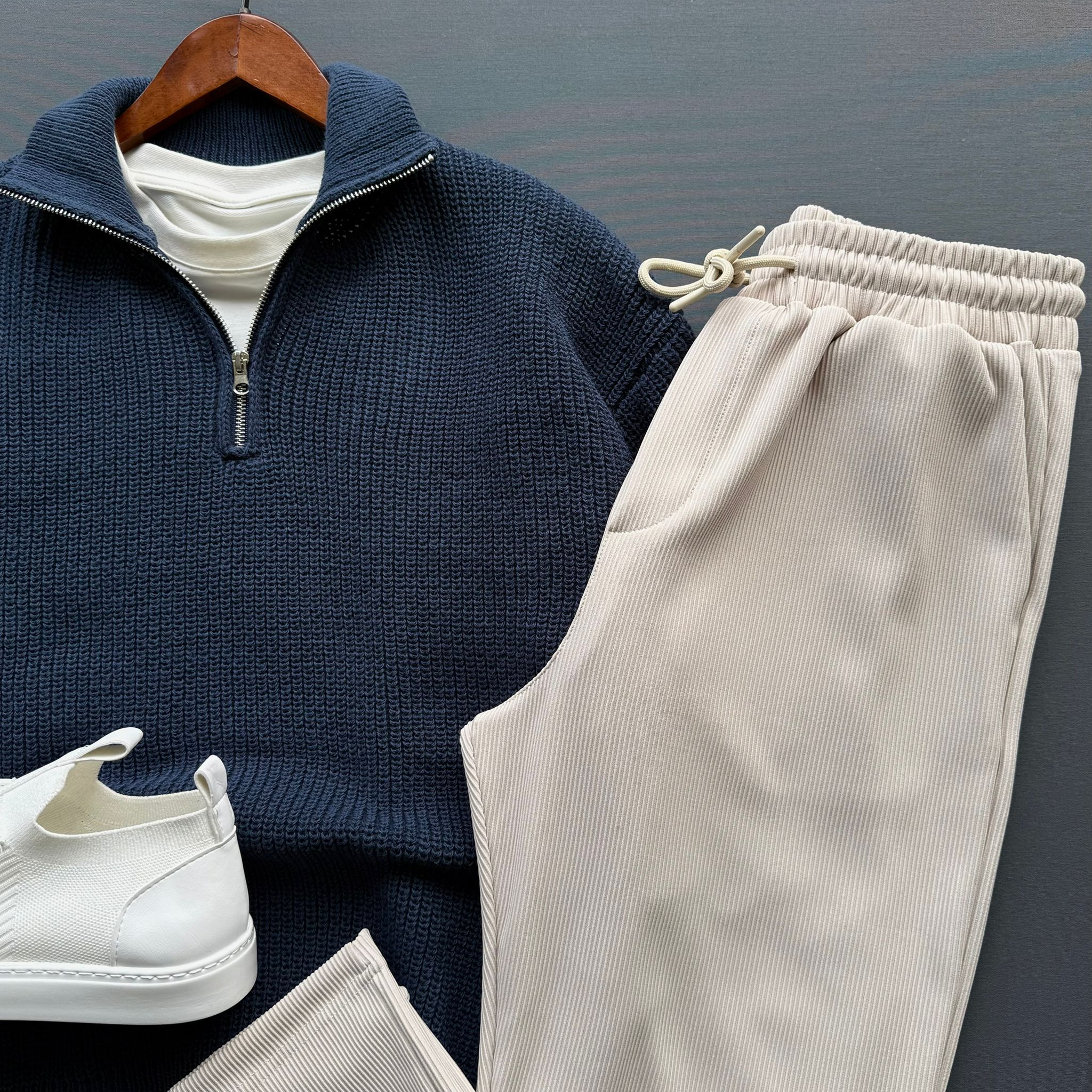 Fermuarlı Selanik Triko Ceket + Baggy Fitilli Pantolon Kombin