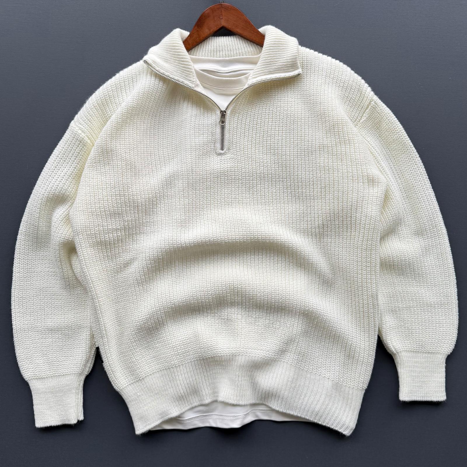 Fermuar Yakalı Oversize Selanik Triko Kazak - Beyaz