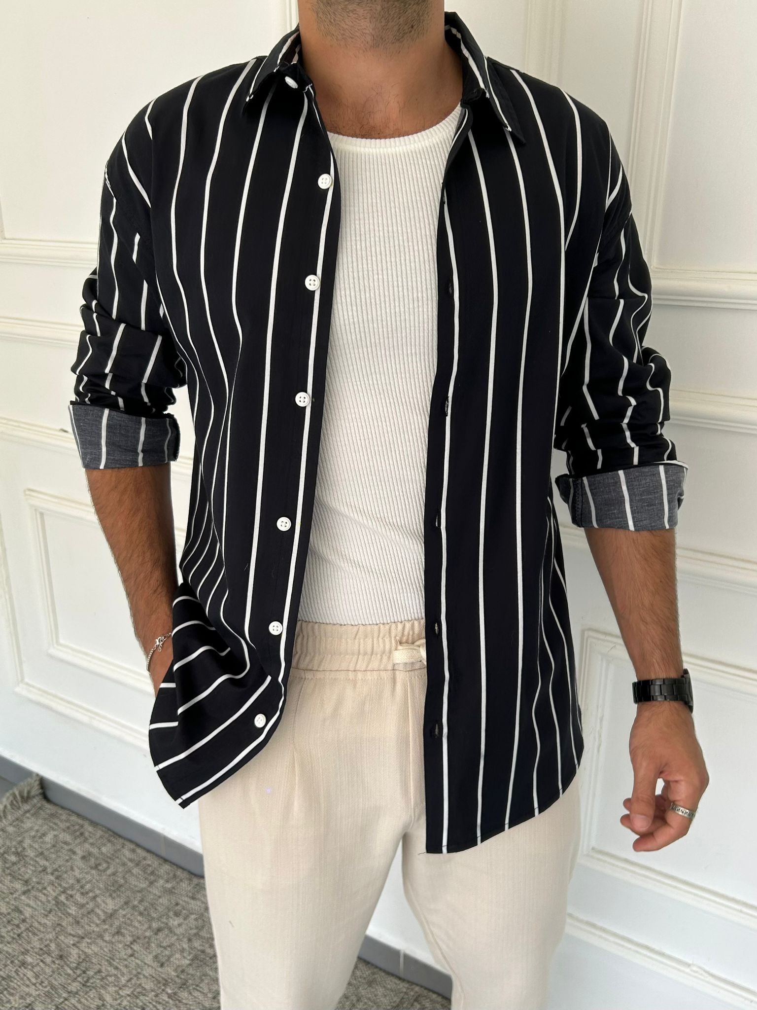 Çizgili Oversize Modal Gömlek - Siyah