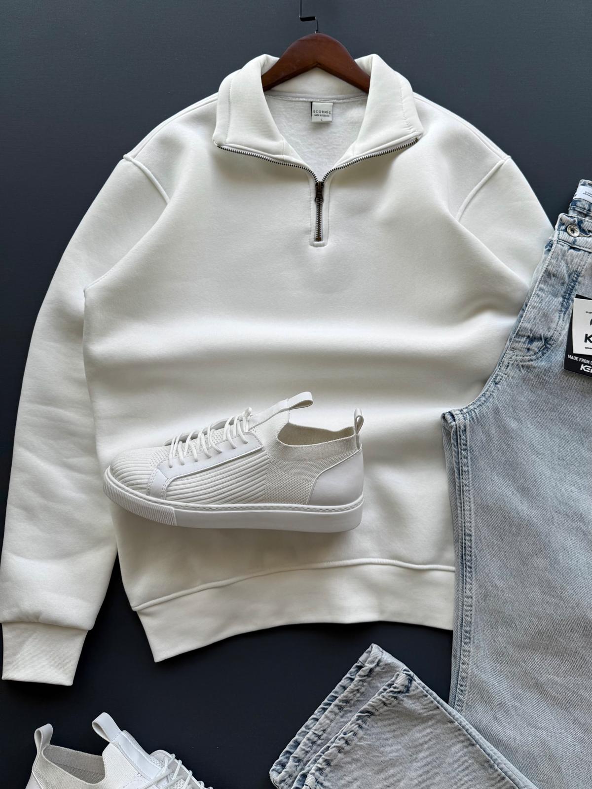 Baggy Kot Pantolon + Fermuar Yakalı Sweat Kombin