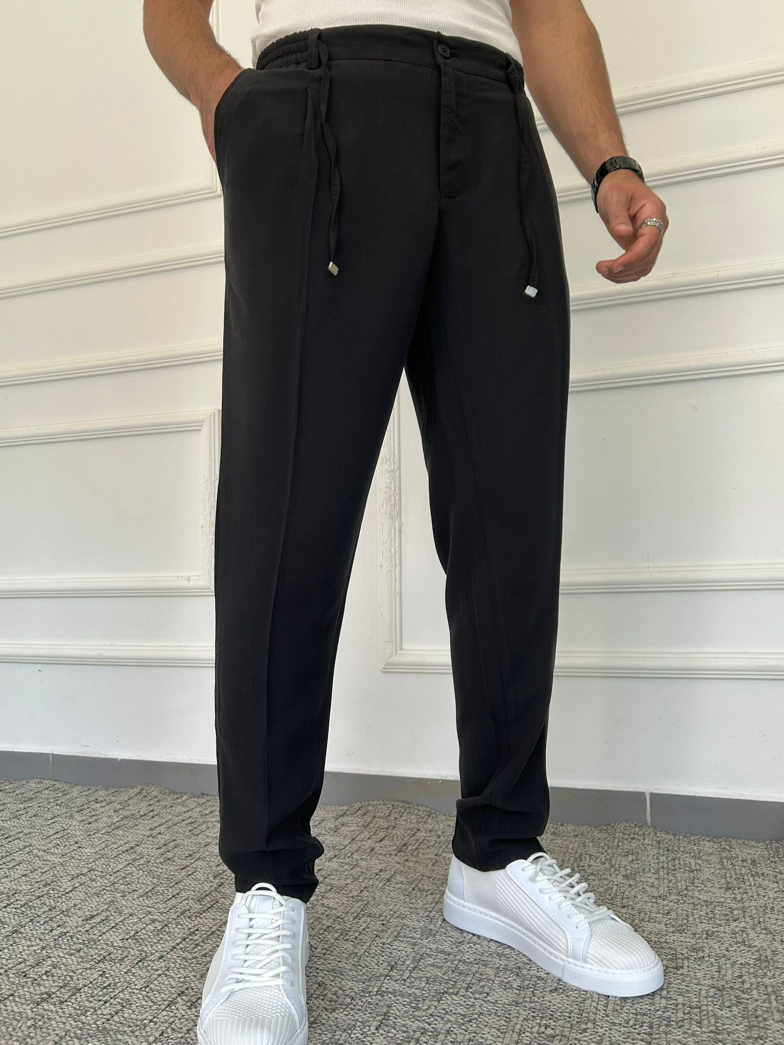 Tensel Kumaş Regular Fit Pantolon - Siyah