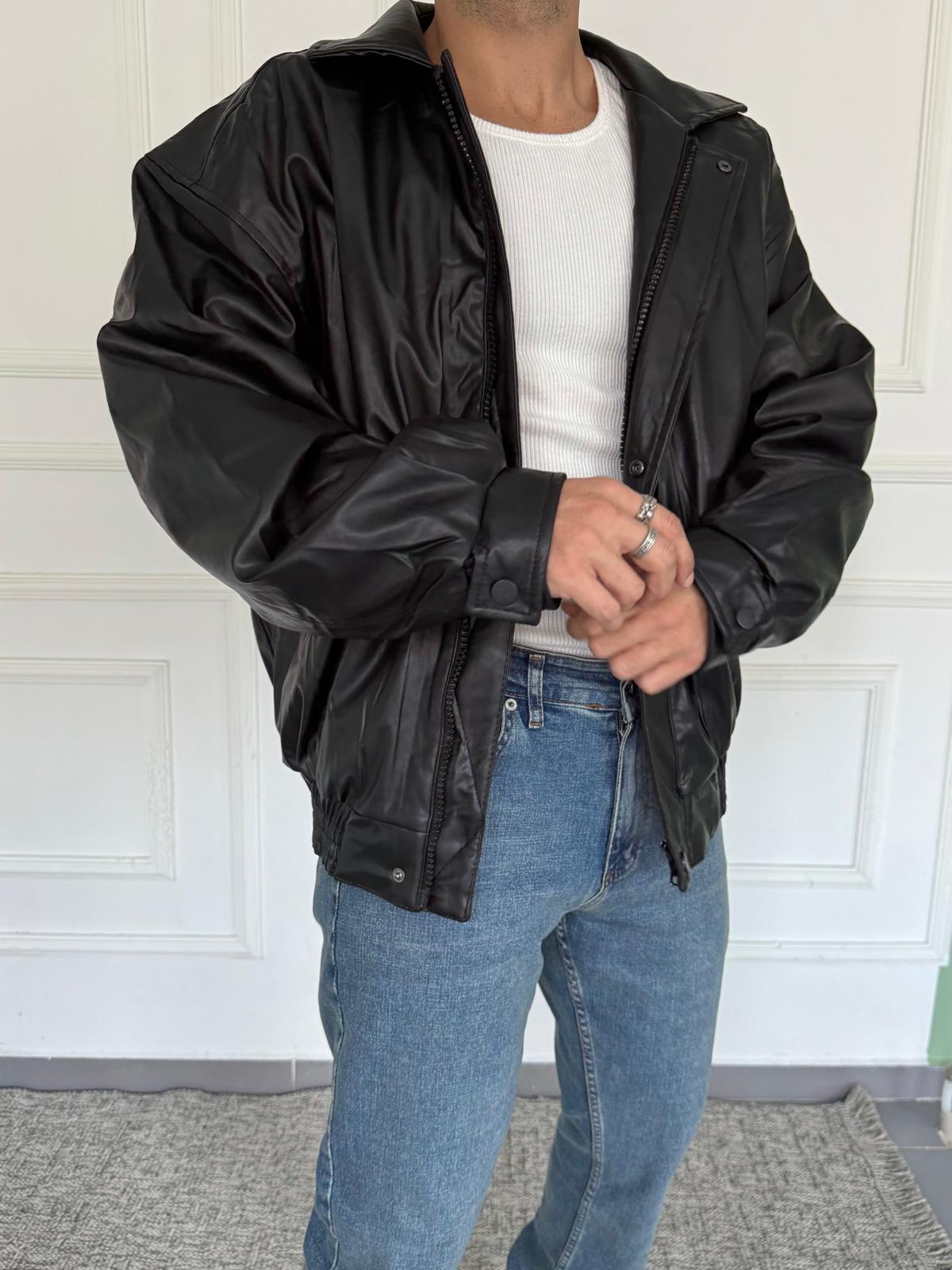 Siyah Oversize Bomber Deri Ceket
