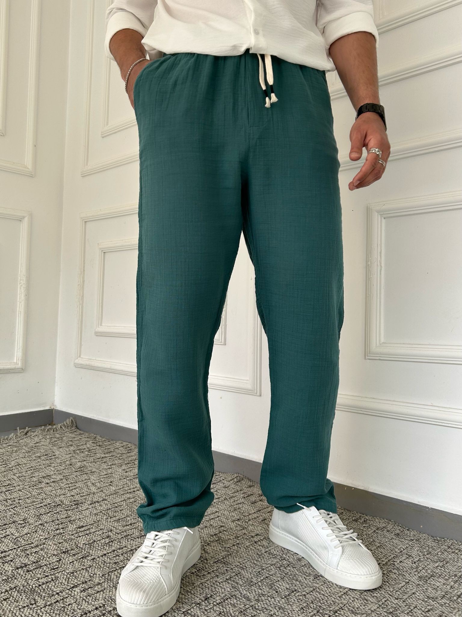 Yıkamalı Müslin Keten Baggy Pantolon - Yeşil