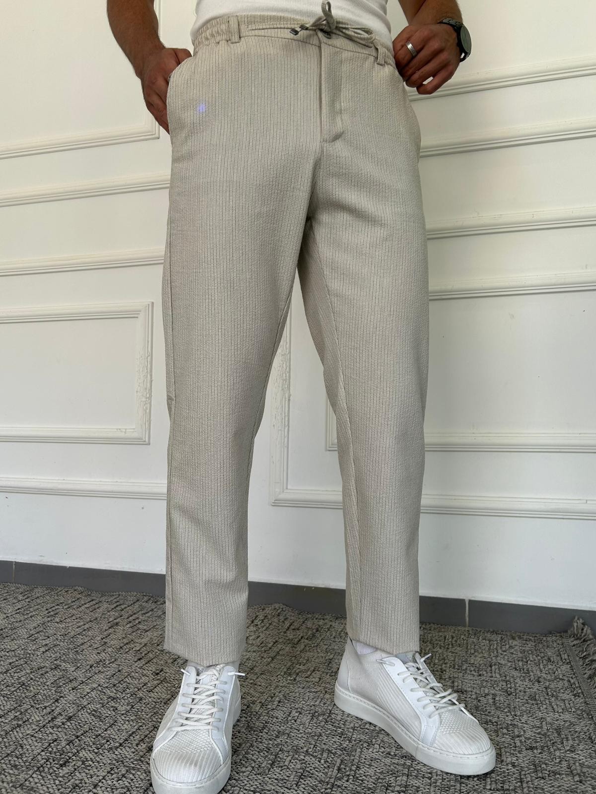 Çizgi Detaylı Gofre Pantolon - Krem