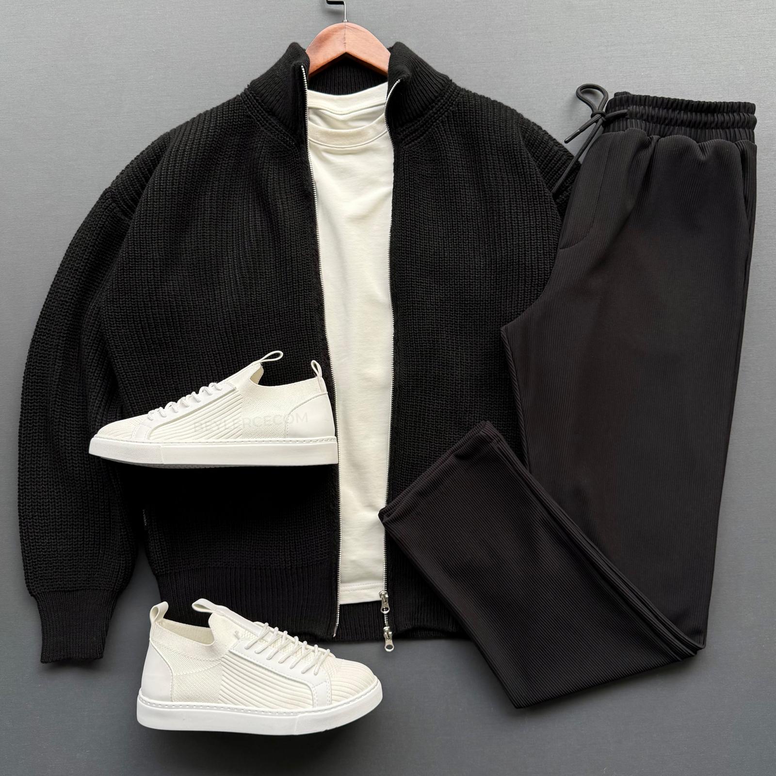 Fermuarlı Selanik Triko Ceket + Baggy Fitilli Pantolon Kombin