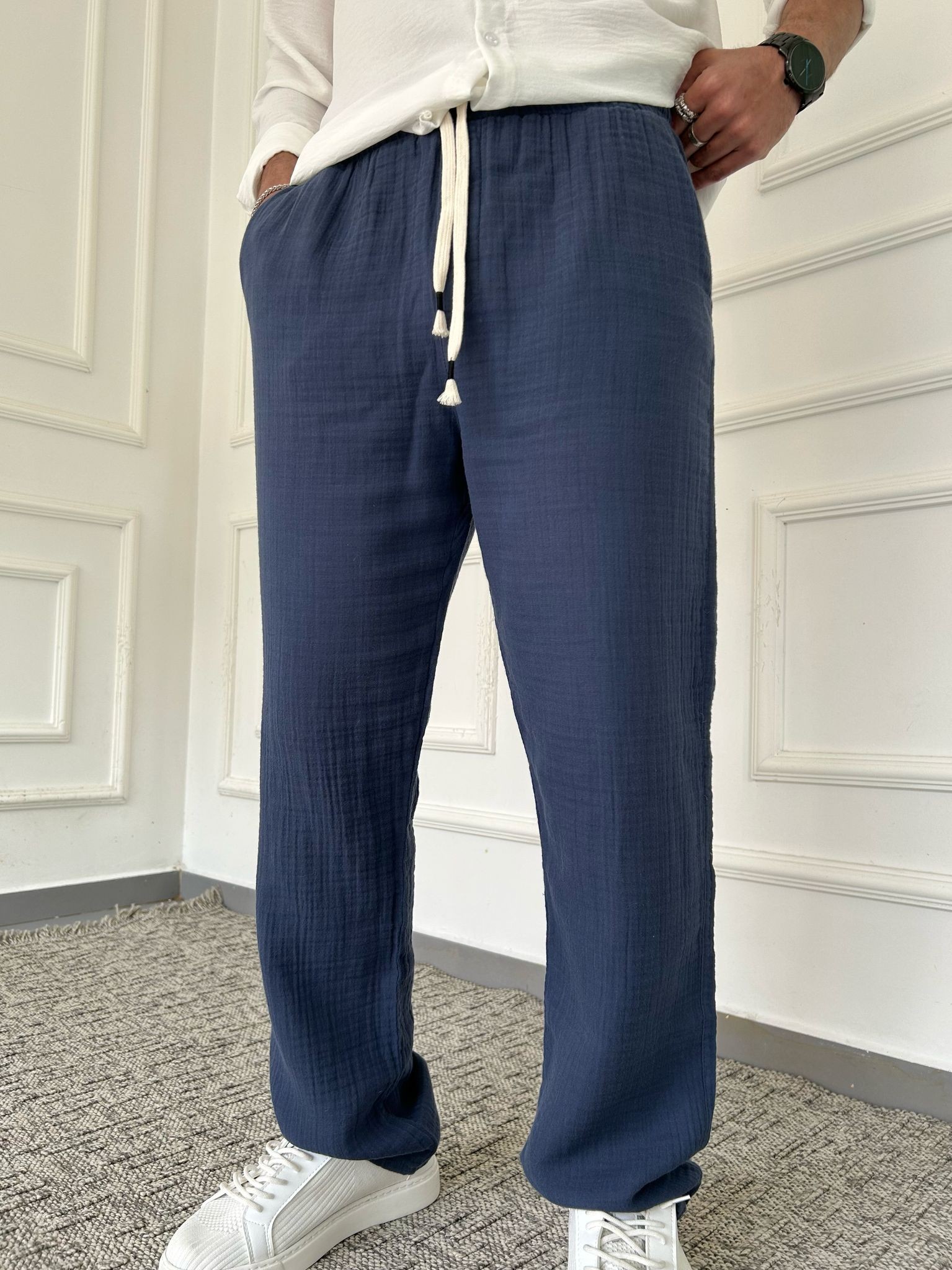 Yıkamalı Müslin Keten Baggy Pantolon - Mavi