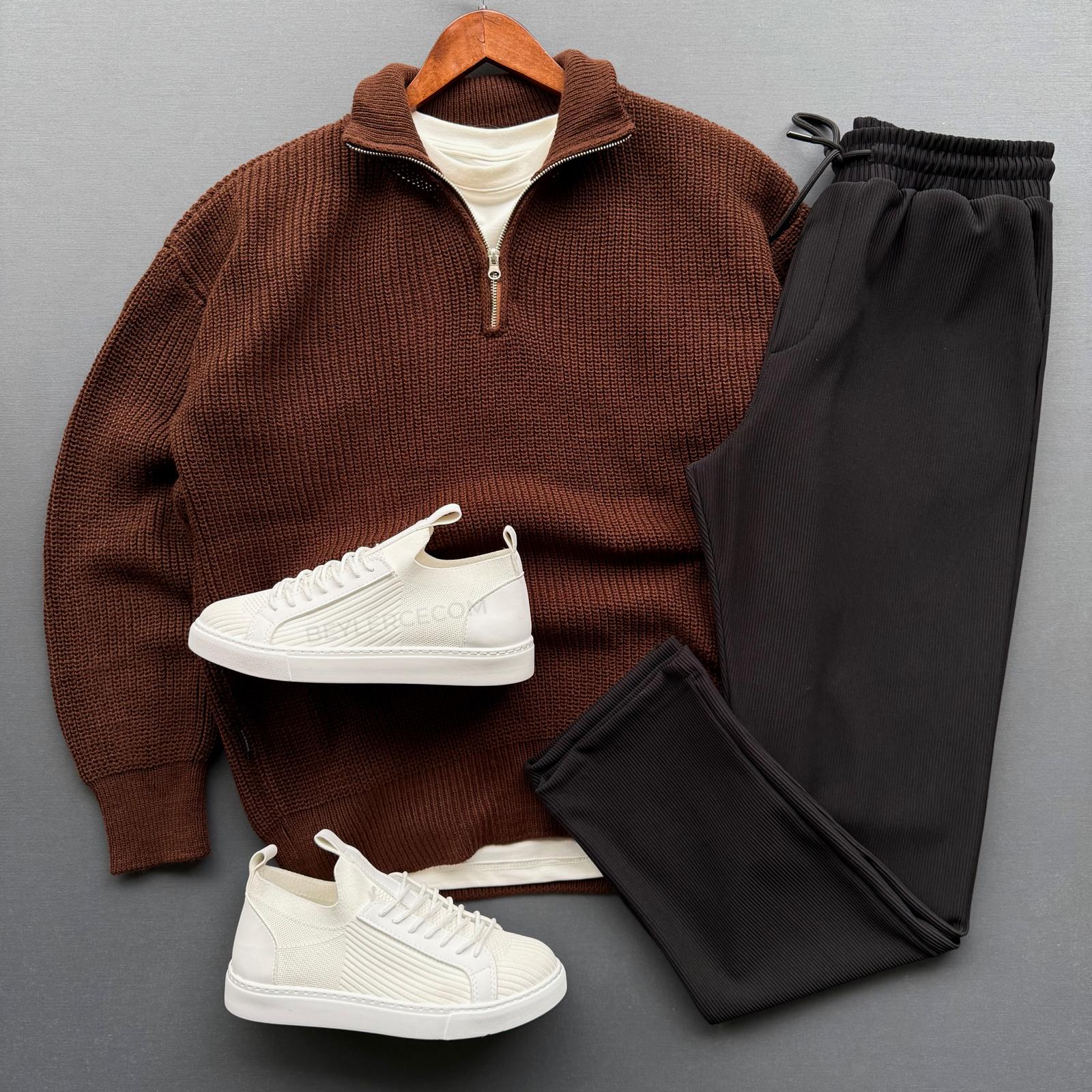 Fermuar Yakalı Selanik Triko Kazak + Baggy Fitilli Pantolon Kombin