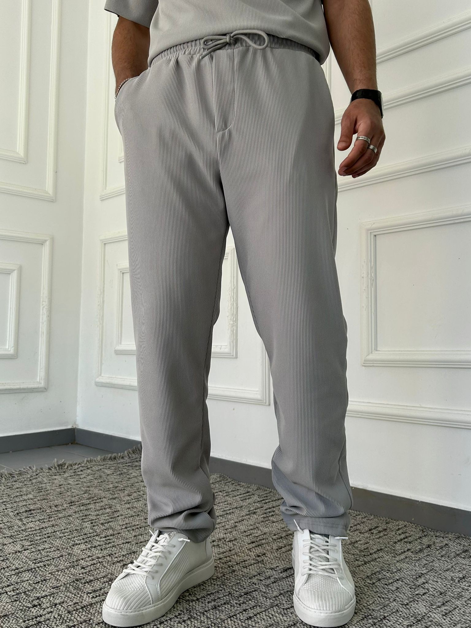 Baggy Fitilli Bol Pantolon  - Gri