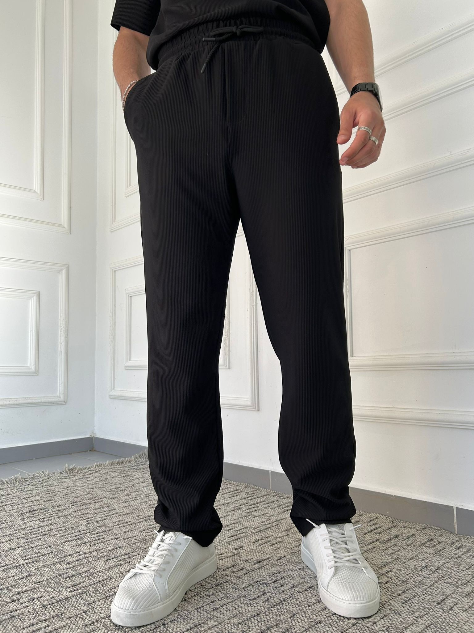 Baggy Fitilli Bol Pantolon  - Siyah