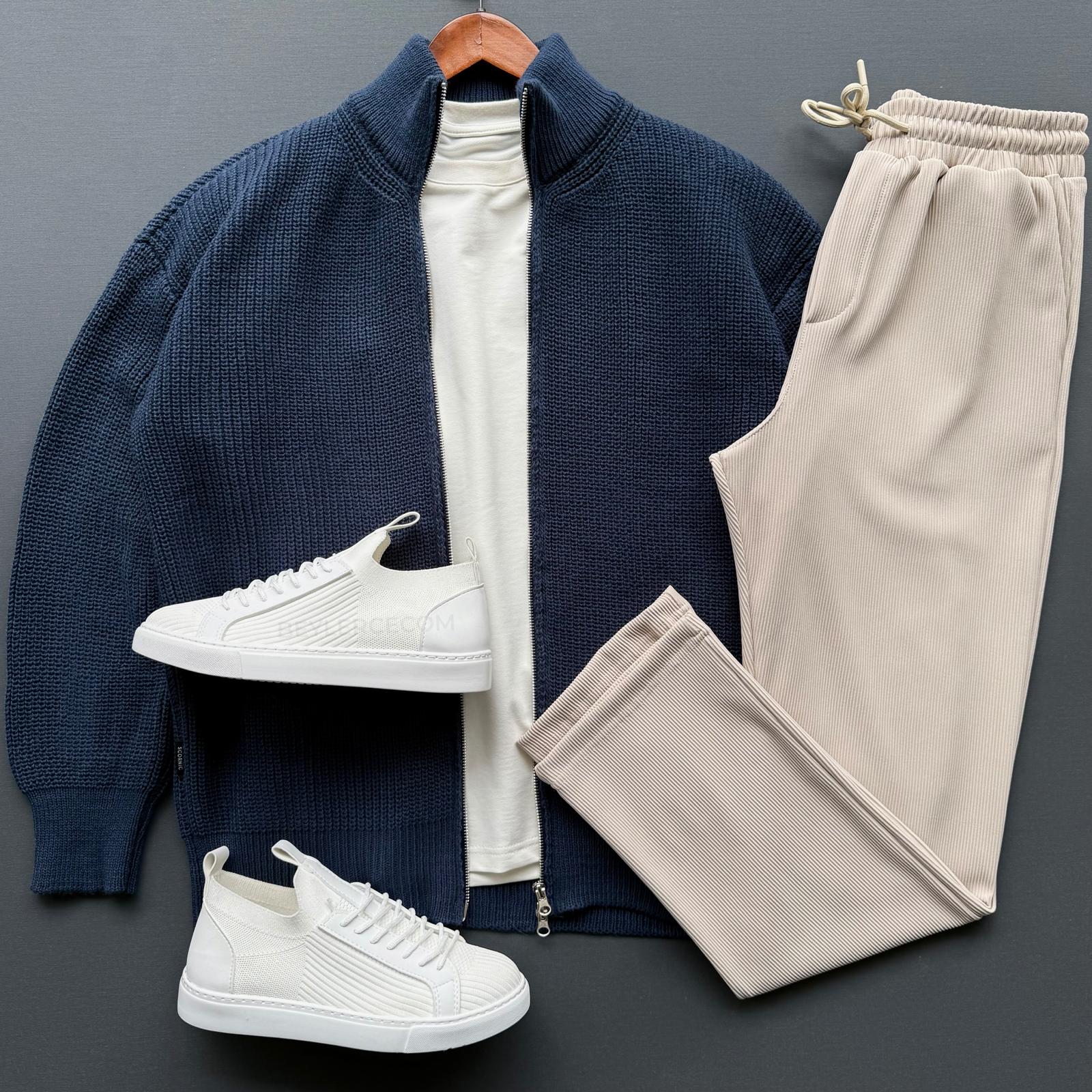 Fermuarlı Selanik Triko Ceket + Baggy Fitilli Pantolon Kombin