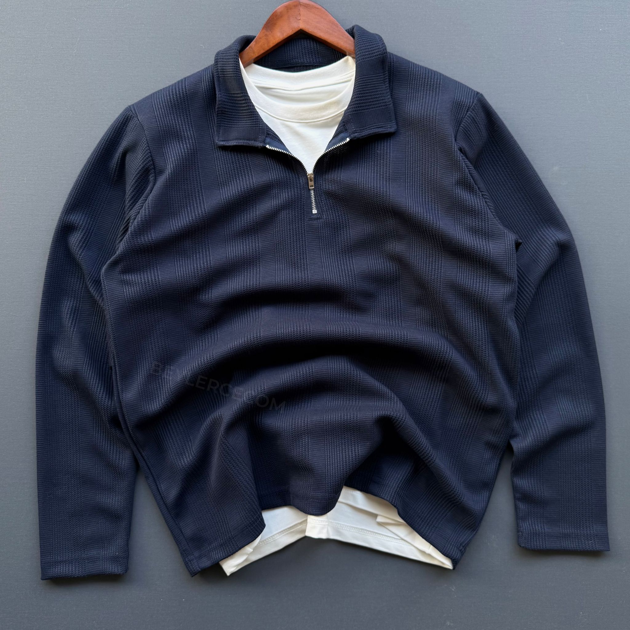 Fermuar Yakalı Petek Triko - Lacivert