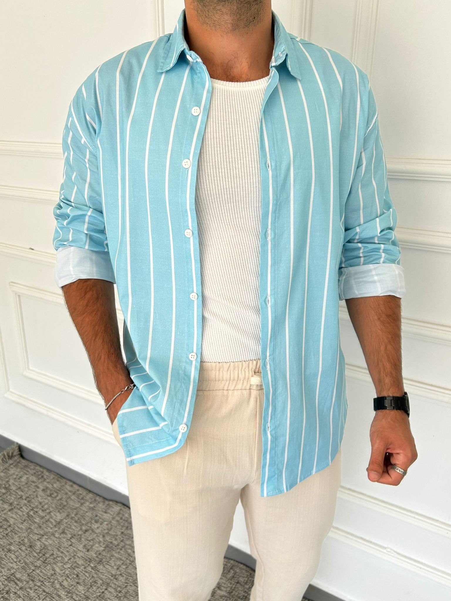 Çizgili Oversize Modal Gömlek - Mavi