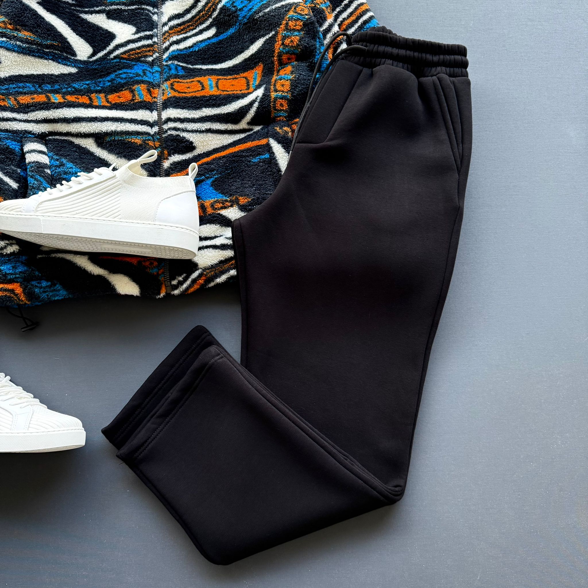 Desenli Kuzu Peluş Ceket + Baggy Fit Eşofman Kombin