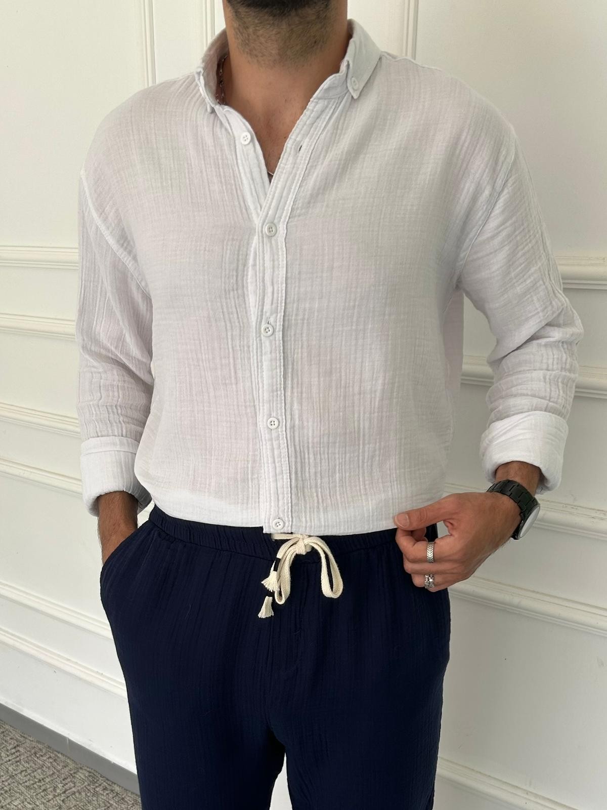 Yıkamalı Müslin Kumaş Oversize Gömlek - Beyaz