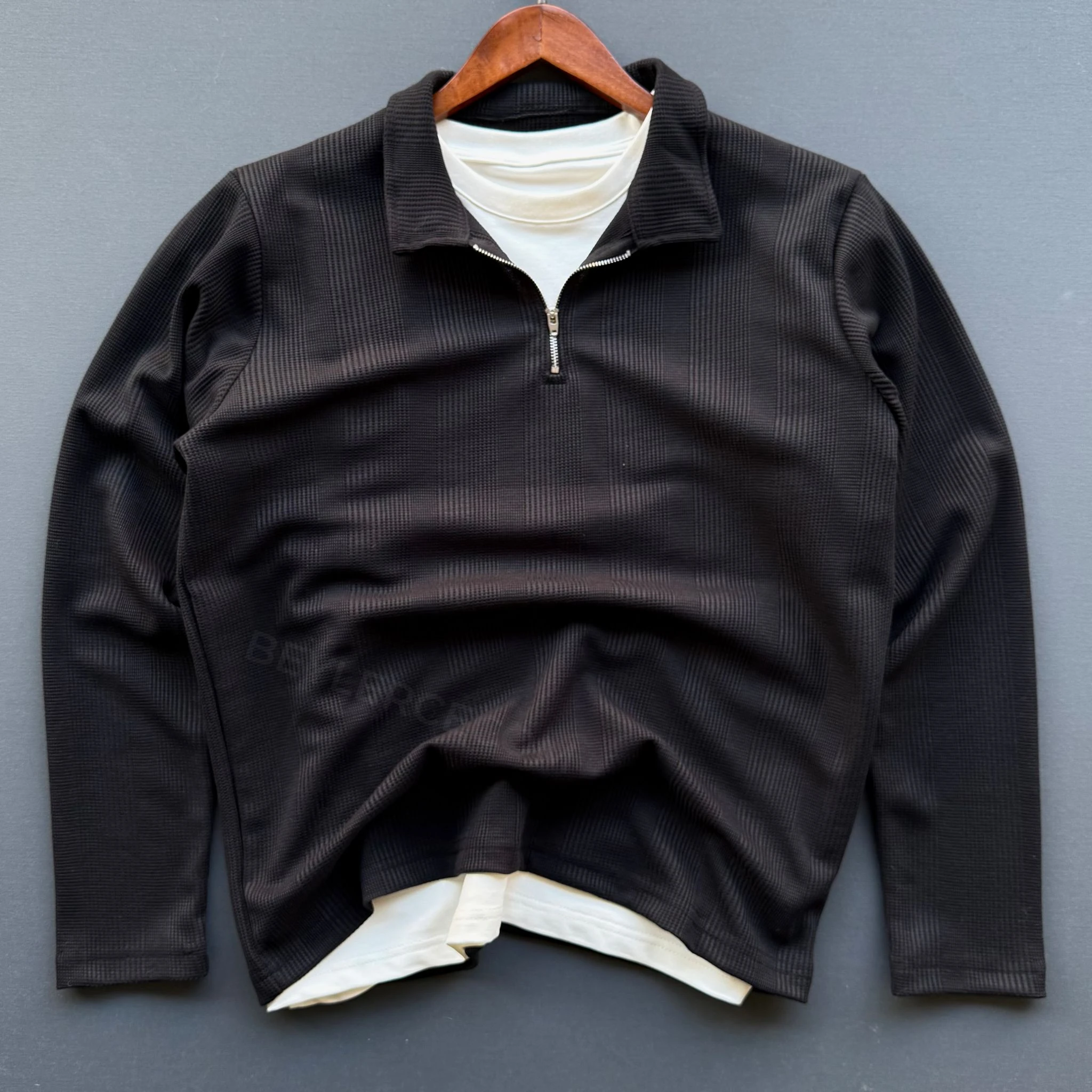 Fermuar Yakalı Petek Triko - Siyah