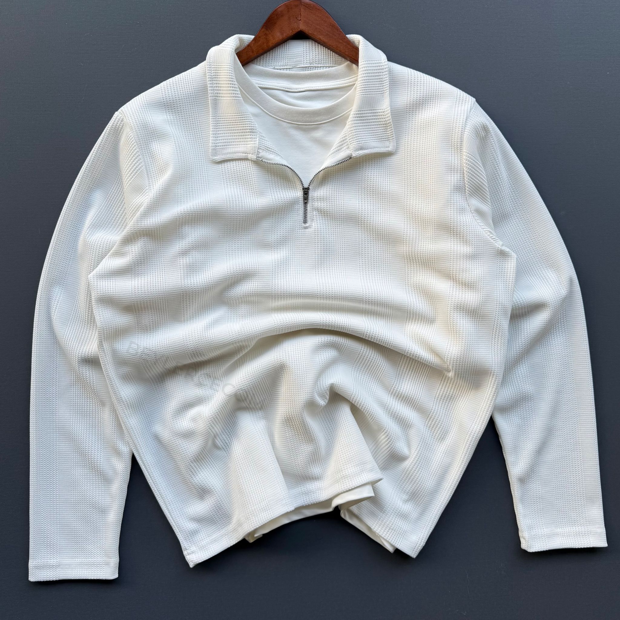 Fermuar Yakalı Petek Triko - Beyaz