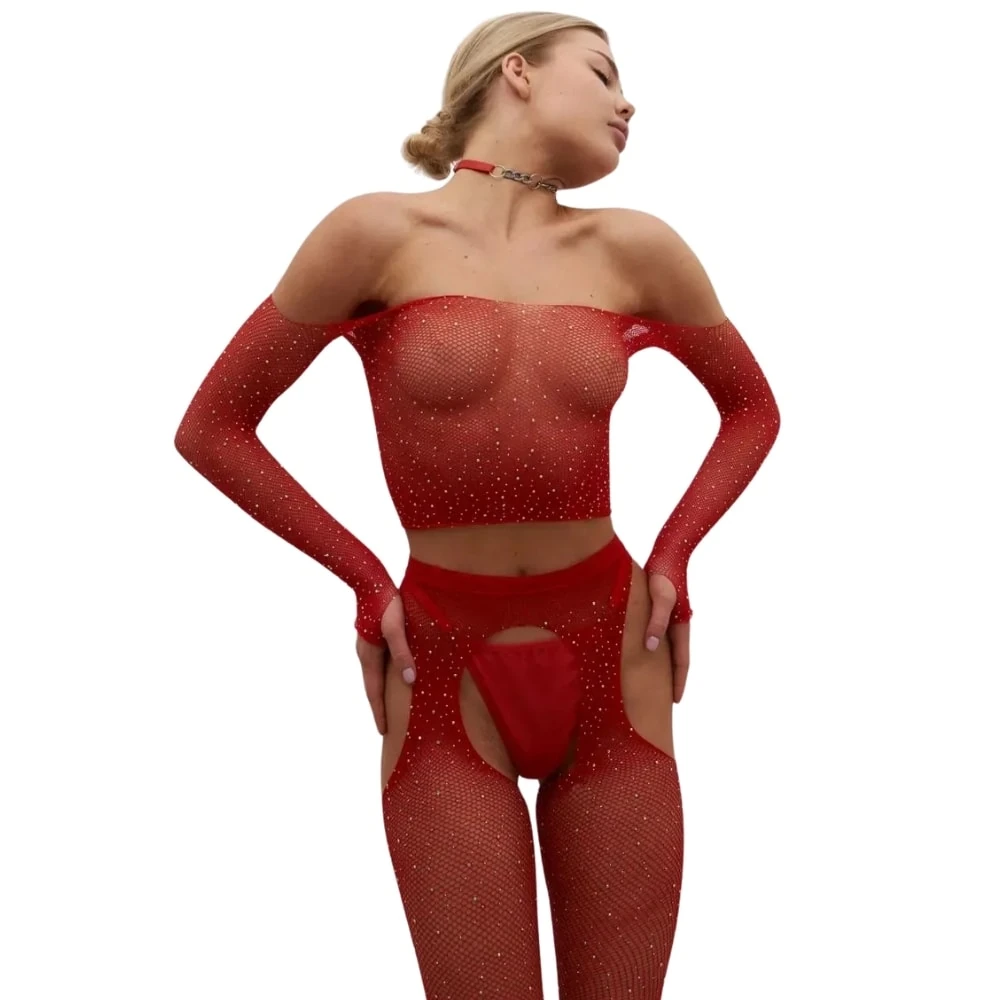 Başka Erotica Wear Özel Bölgesi Açık Kırmızı Taşlı Fantezi Vücut Çorabı