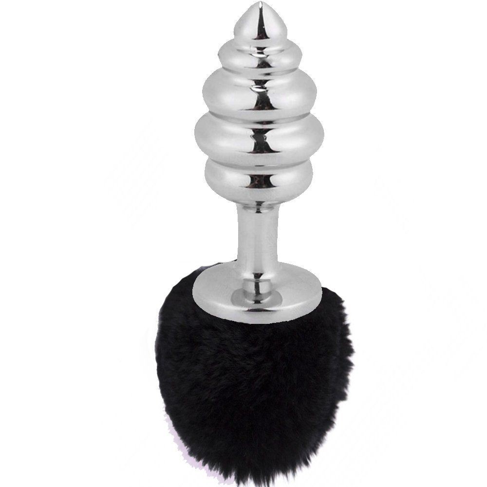 bAŞKa Bunny Tail Black Ribbed Kuyruk Peluşlu Metal Anal Plug