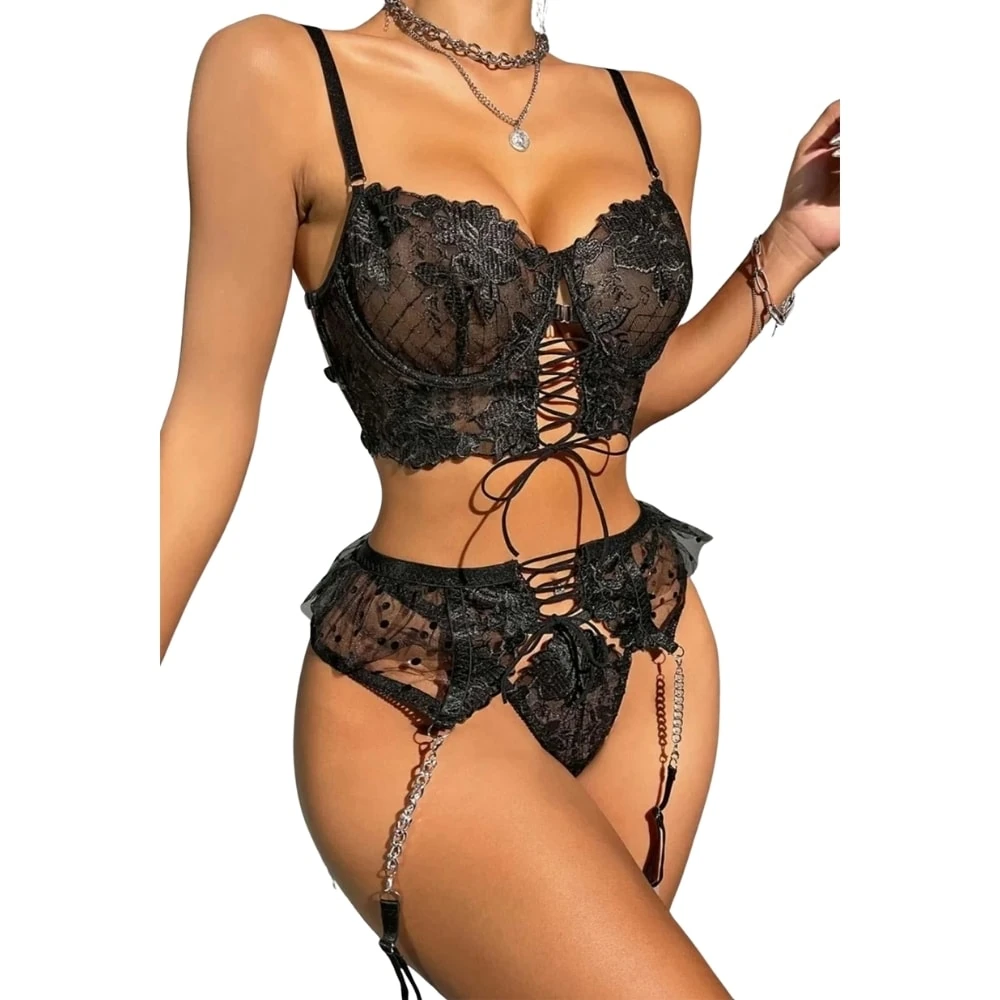 Başka Fantasy Wear Lingerie Dreams Tül ve Bağlama Detaylı Zincirli Jartiyer Takım