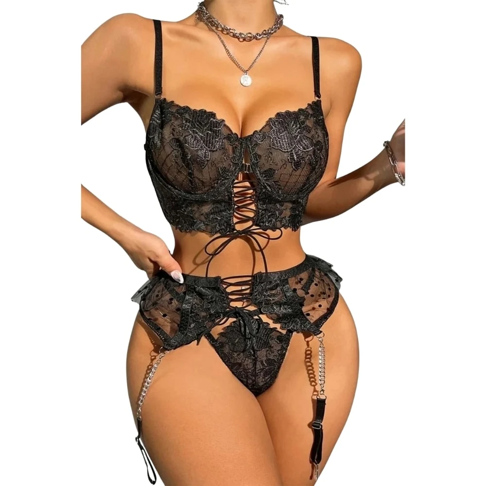 Başka Fantasy Wear Lingerie Dreams Tül ve Bağlama Detaylı Zincirli Jartiyer Takım