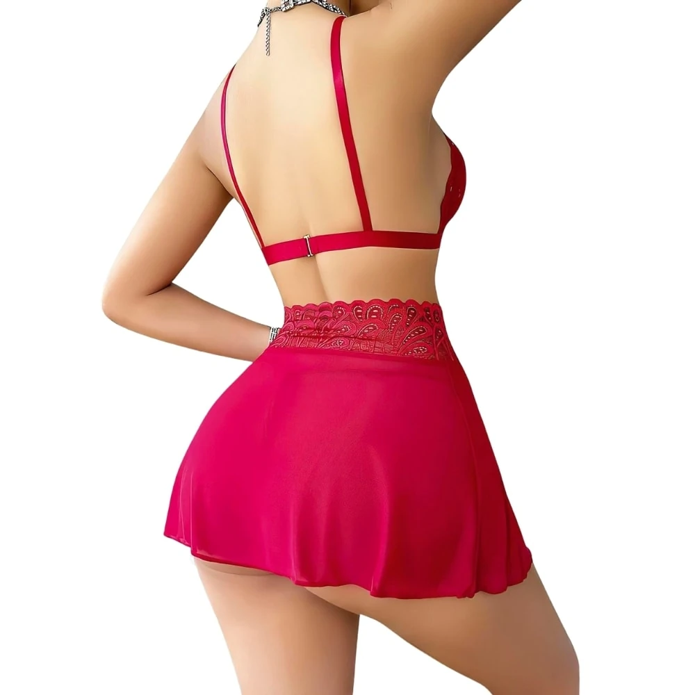 Başka Fantasy Wear Dantel Detaylı Fantezi Mini Etekli Kırmızı Takım