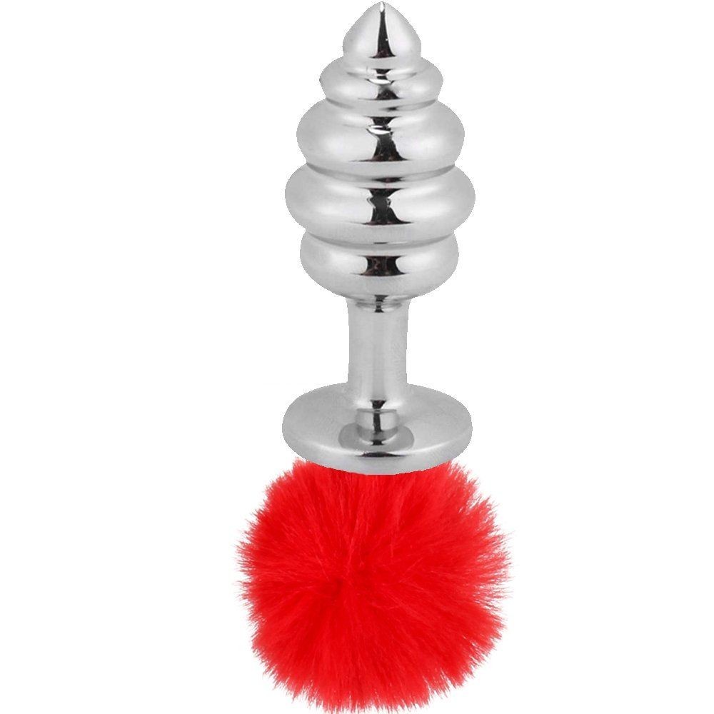bAŞKa Bunny Tail Red Ribbed Kuyruk Peluşlu Metal Anal Plug