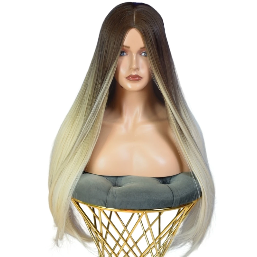 Başka Toupee Hair Kanekalon Fiber Uzun Boy Kumral ve Platin Saç Peruk