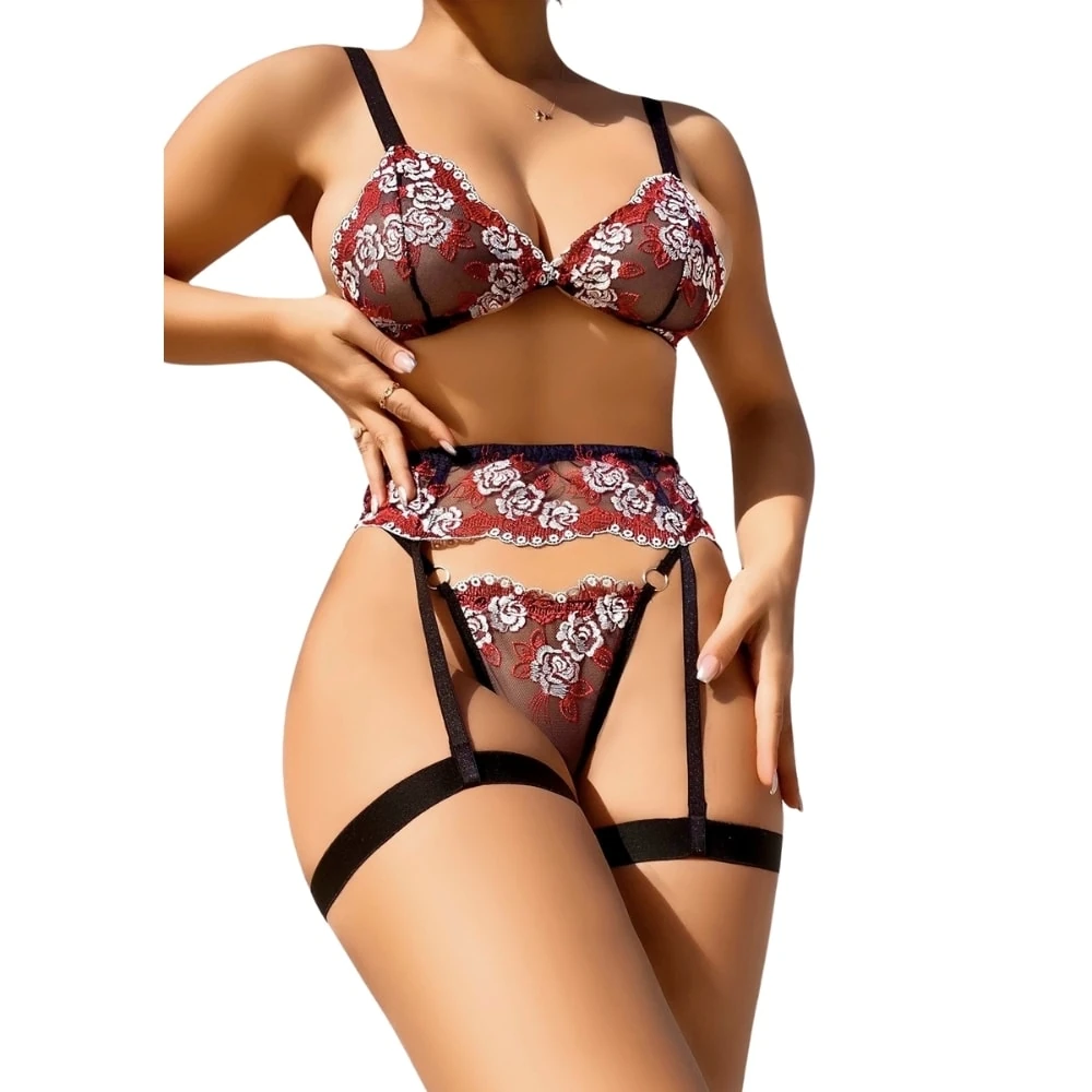 Başka Fantasy Wear Bacak Bantlı Çiçek Desenli Sütyen Külot Takım