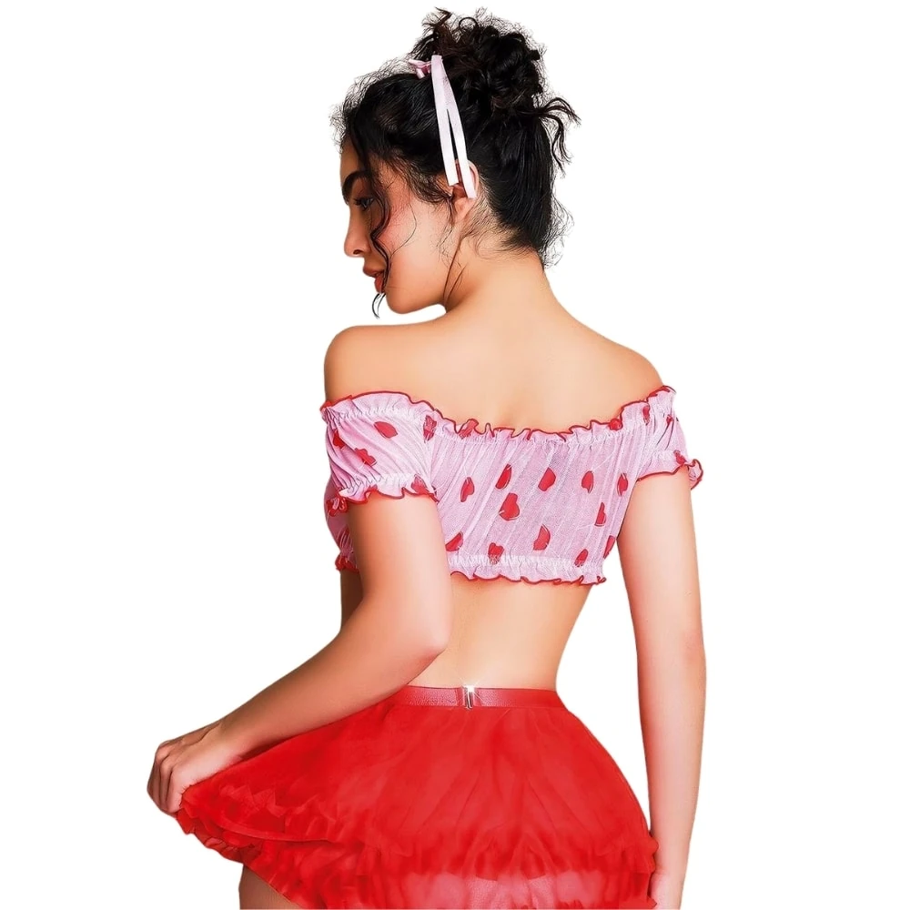 Başka Fantasy Wear Kalp Desenli Pembe Etekli Fantezi Takım