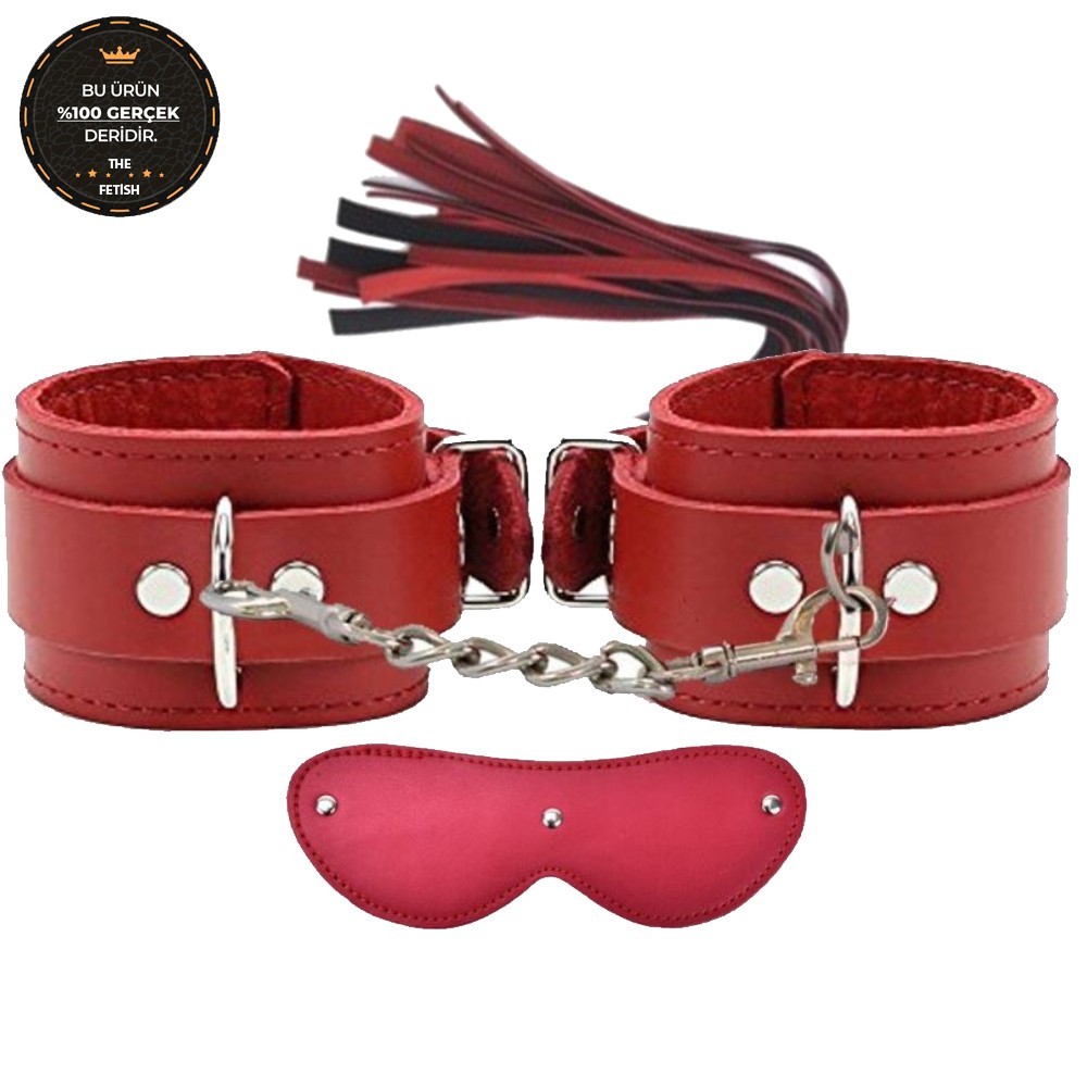 bAŞKa Fetish Fantasy Series Cuffs Red Hakiki Deri Fetiş Pozisyon Kelepçe Seti