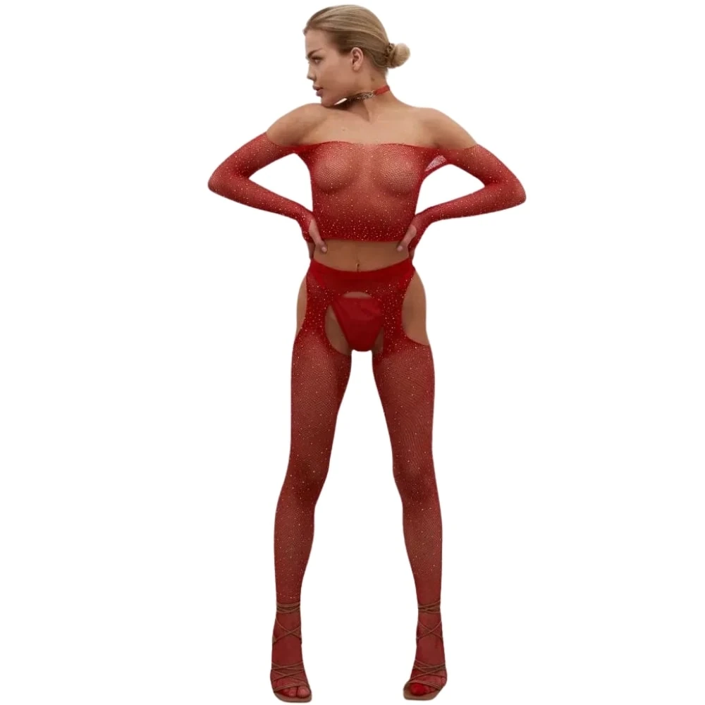 Başka Erotica Wear Özel Bölgesi Açık Kırmızı Taşlı Fantezi Vücut Çorabı