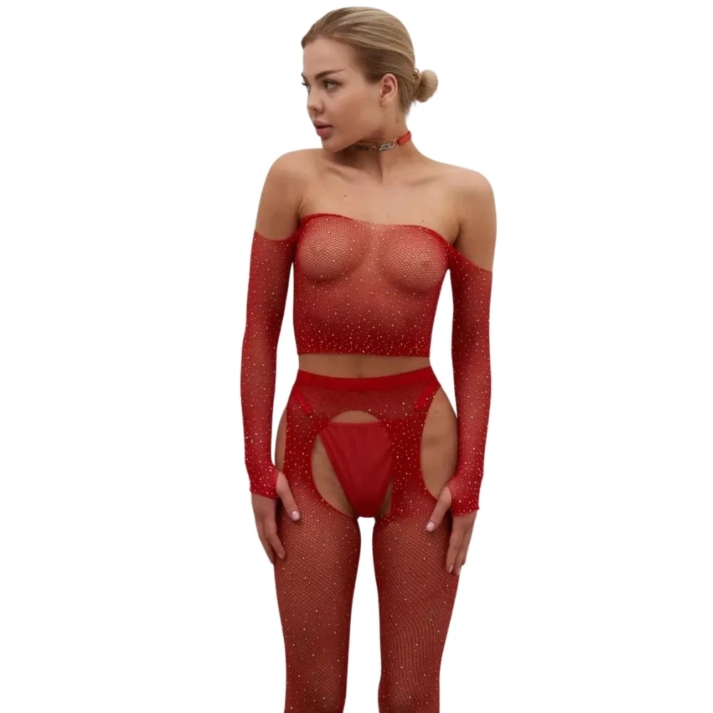 Başka Erotica Wear Özel Bölgesi Açık Kırmızı Taşlı Fantezi Vücut Çorabı