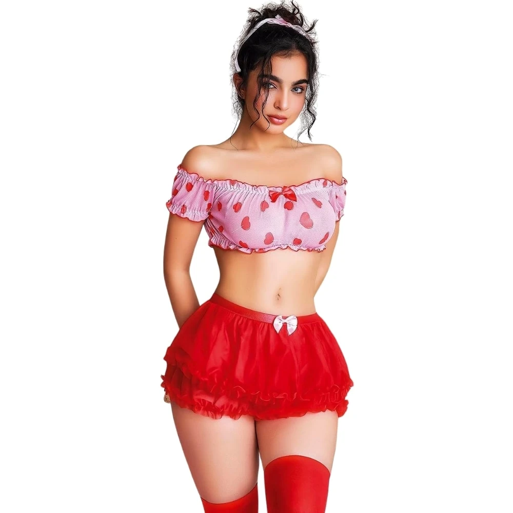 Başka Fantasy Wear Kalp Desenli Pembe Etekli Fantezi Takım