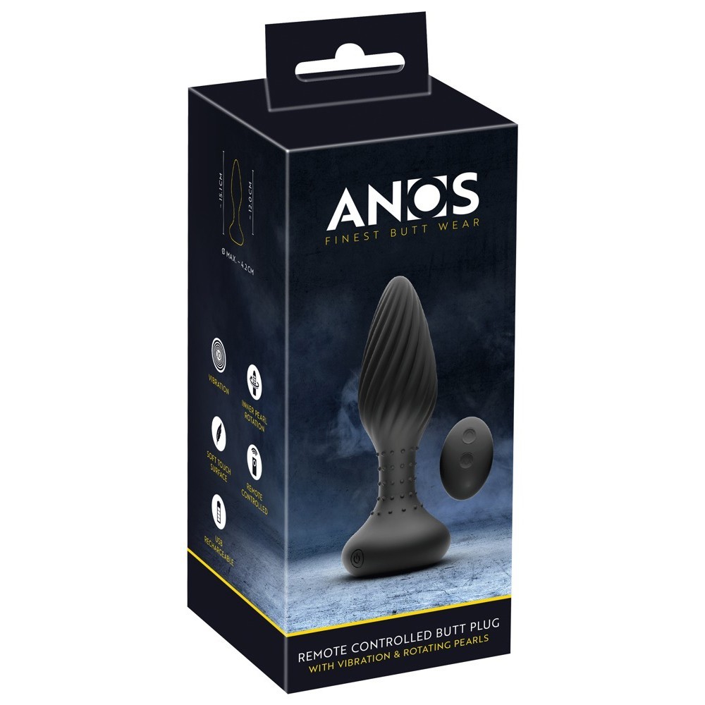 Anos Remote Controlled Butt Plug With Vibration Rotation Pearls Anal Vibratör