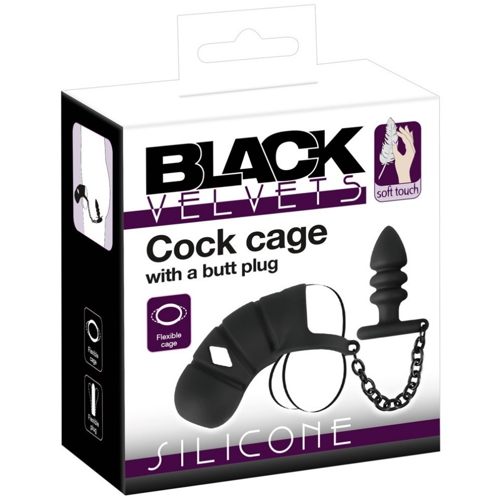 Black Velvets Cock Cage With Butt Anal Plug ve Penis Kilidi