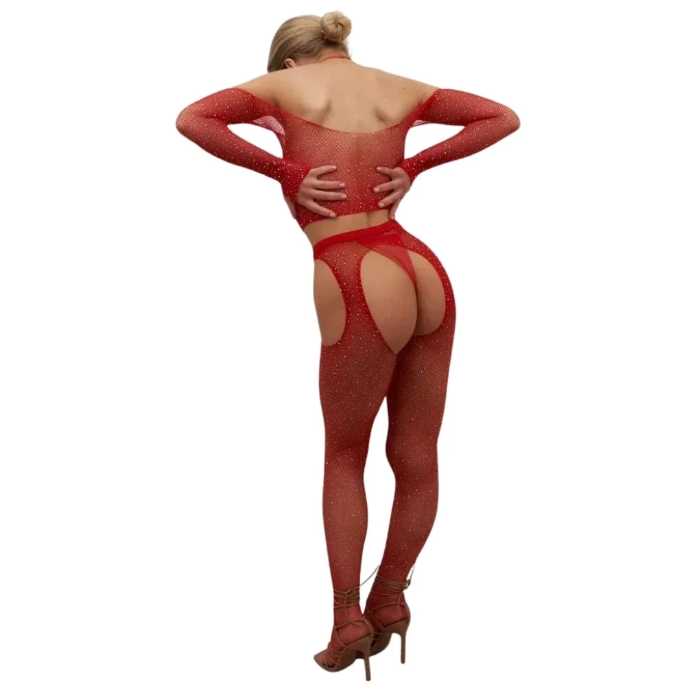 Başka Erotica Wear Özel Bölgesi Açık Kırmızı Taşlı Fantezi Vücut Çorabı