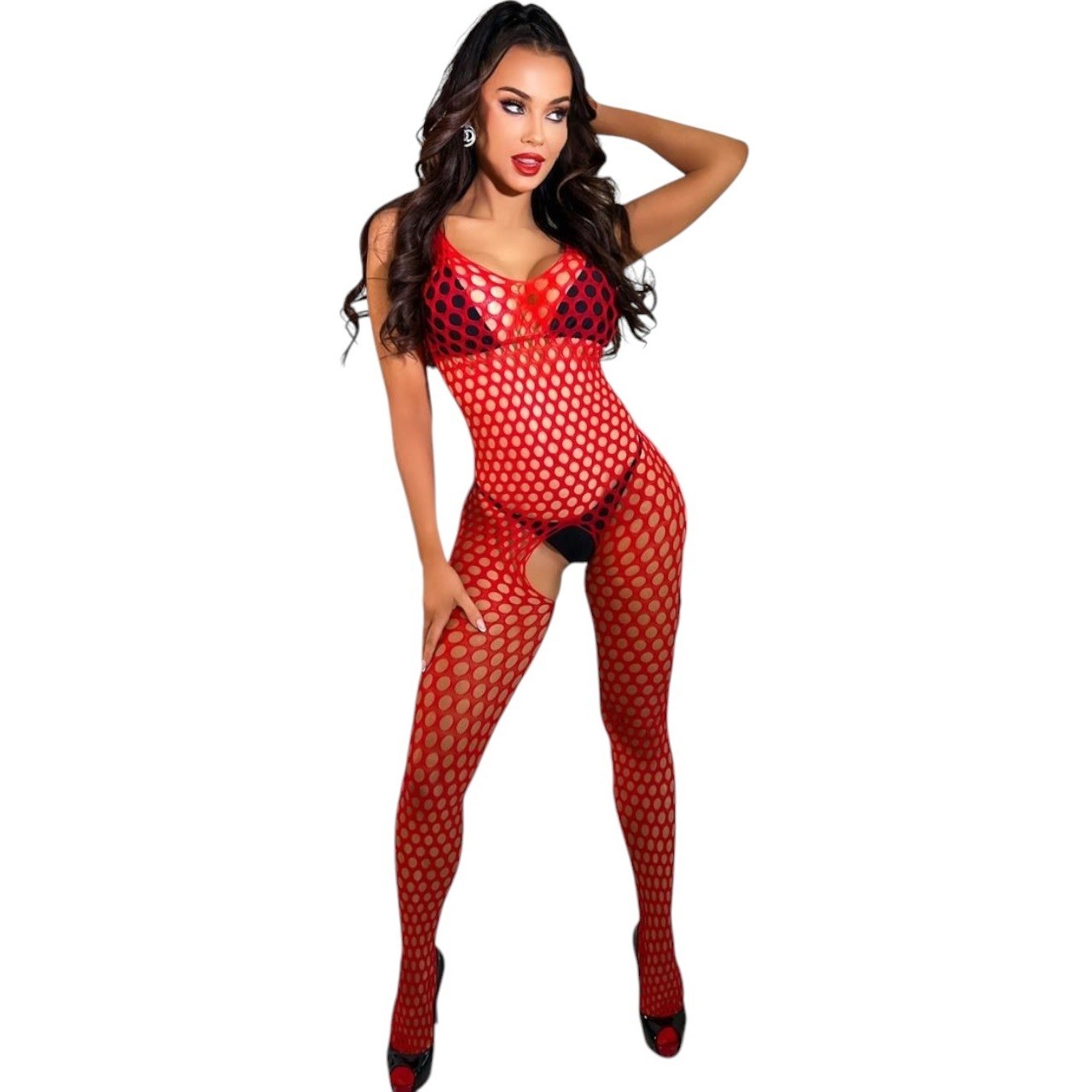 bAŞKa Vivaldy Bodystocking Seksi Fileli Vücut Çorabı-Kırmızı